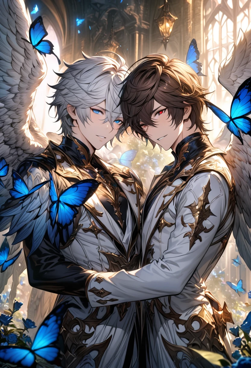 absurdres, highres, ultra detailed, HDR), masterpiece, Lucifer, white short hair, hair between the eyes, vibrant blue eyes, Sandalphon, dark brown short hair, hair between the eyes, vibrant red eyes, 2men together, gay couple, handsome, granblue fantasy, fantasy black and white clothes, angel wings, blue flowers, blue butterflies, castle