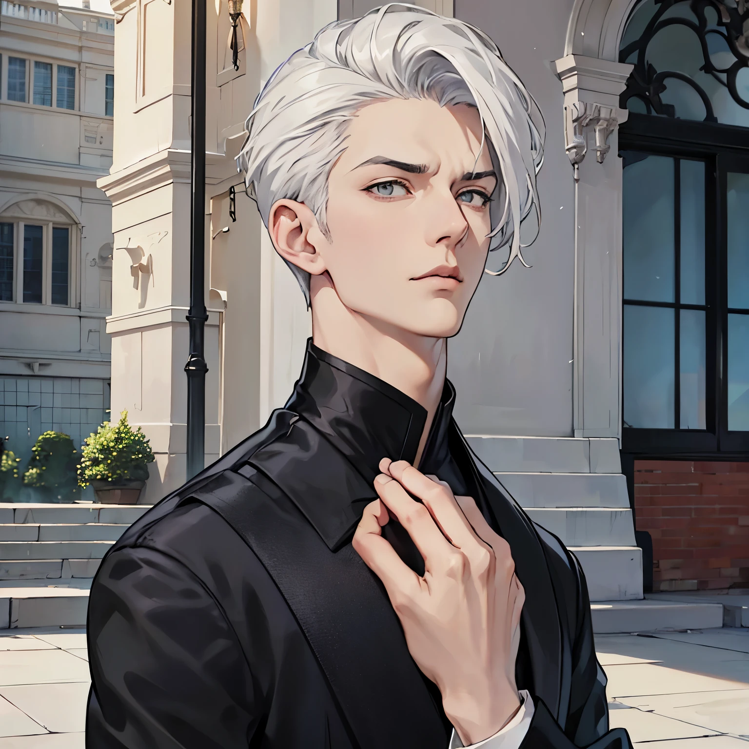 handsome anime tall man in black stylish suit, expressive hands, grey eyes and platinum hair, with a mansion in the background, neutral expression, sharp features, semi-realistic, staring into the distance, blurred background, 8k, close-up profile, masterpiece
