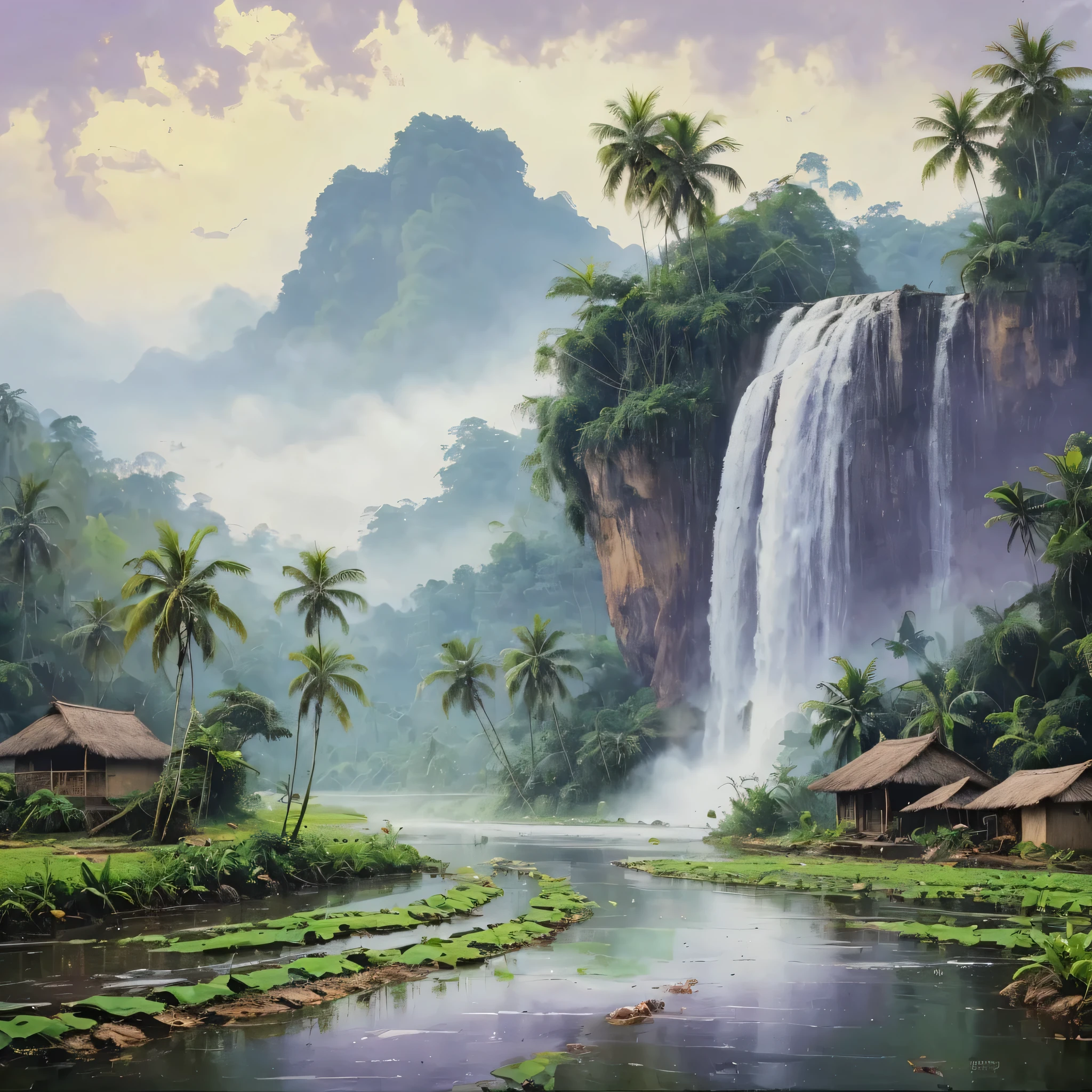 sebuah pemandangan pedesaan, jalan raya di depan sebuah rumah, di sampingnya terdapat air terjun mengalir deras, bebatuan, pohon kelapa, pohon pisang, banyak kendaraan lalu lalang, dengan background pegunungan yang berkabut, impresionisme.