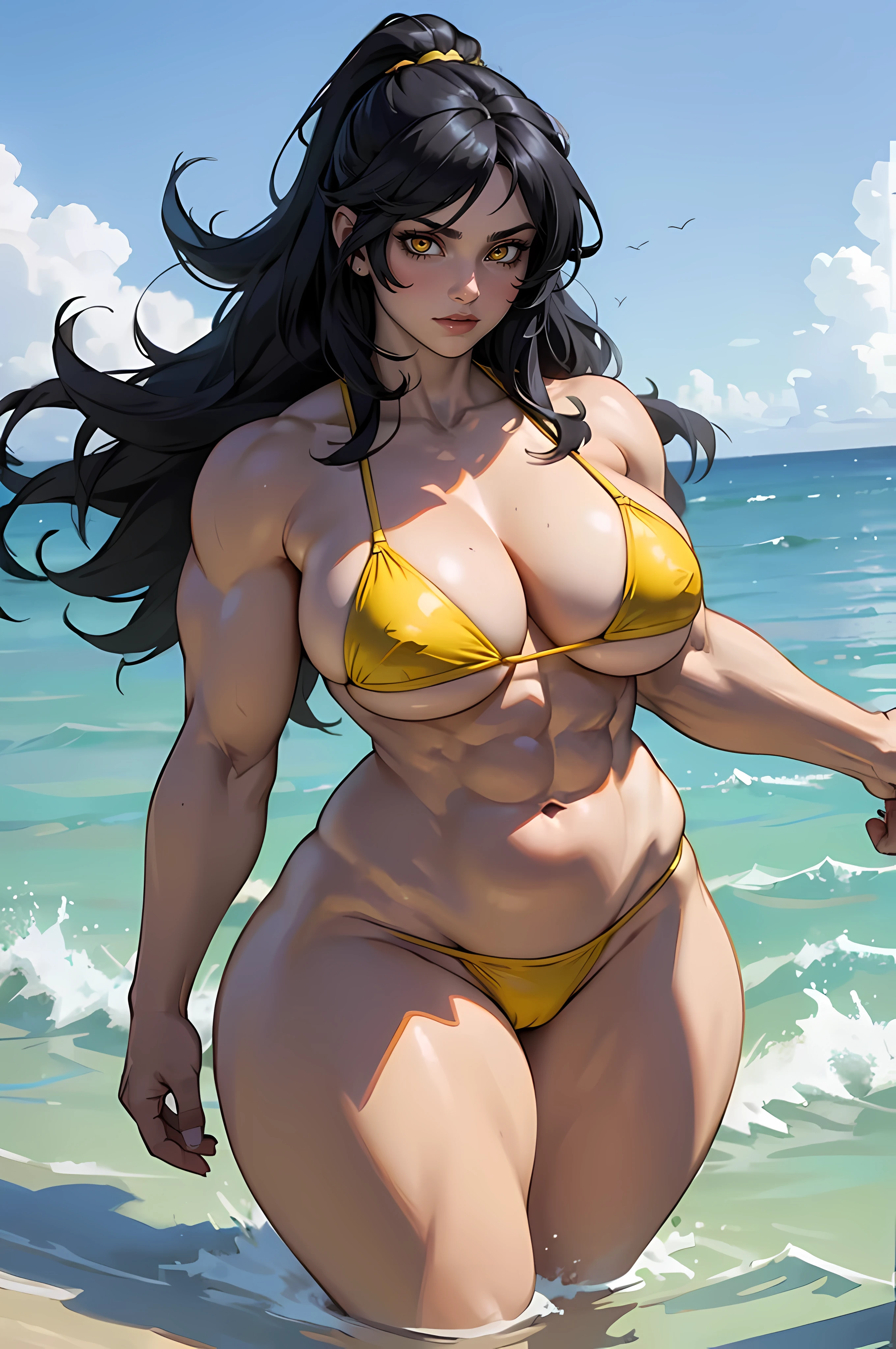 ((1 girl)), ((wide hips)), ((thick thighs)), ((curvy)), ((huge tits)), solo, ((((muscular)))), black hair, yellow eyes, angry, pale sin, micro bikini, water, very long hair