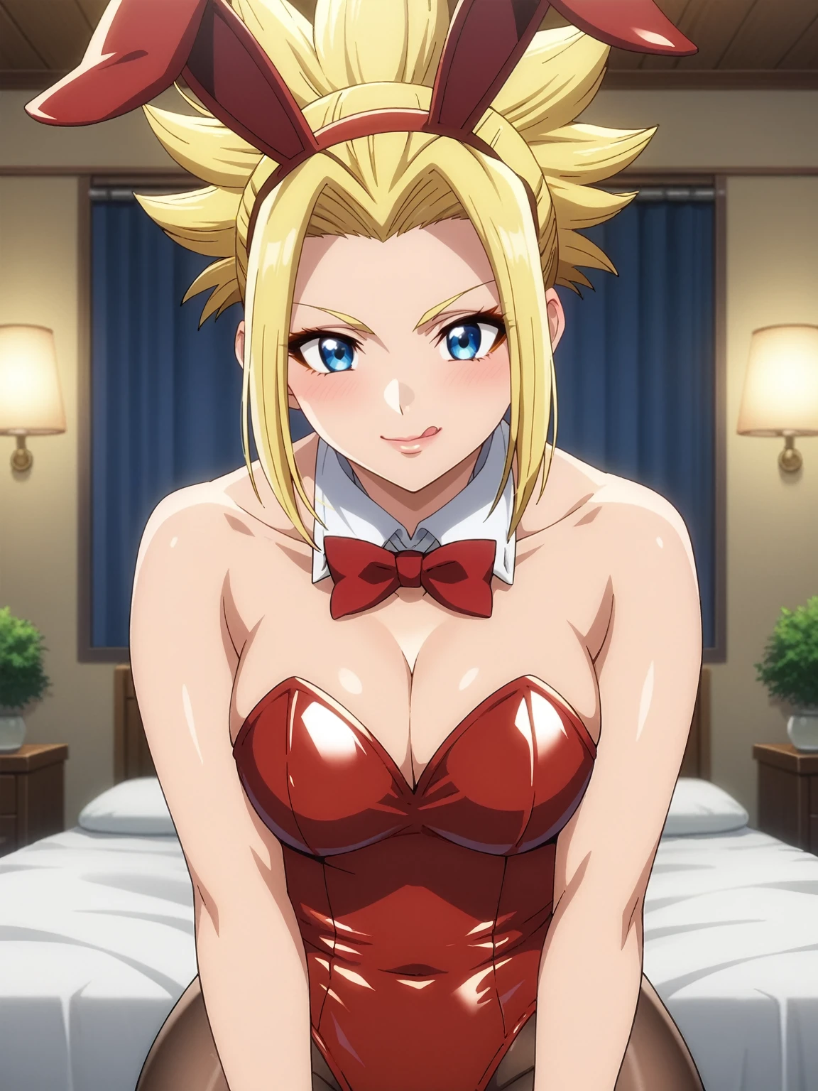 score_4, score_5, score_6, score_9, score_8_up, score_7_up, source_anime, fine anime screencap_xl, anime_screencap, kohaku, dr stone, blonde hair, doctor stone, indoors, bedroom, latex, fake bunny ears, bunny suit, solo, closeup, face closeup, dark, night, prostitute, prostitution, hooker, red eyeshadow, blue eyes, smacking lips