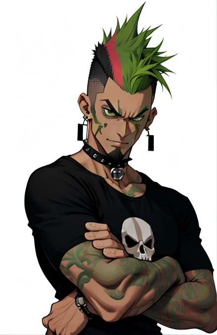 Full body portrait of Dunc@n man, (((detailed face))) mohawk, spiked choker, facial hair, eyebrow piercing, earrings, green hair, multicolored hair, annoyed expression, black shirt, masculine, (no background:1), (red converse shoes), bridges, black t-shirt with skull,