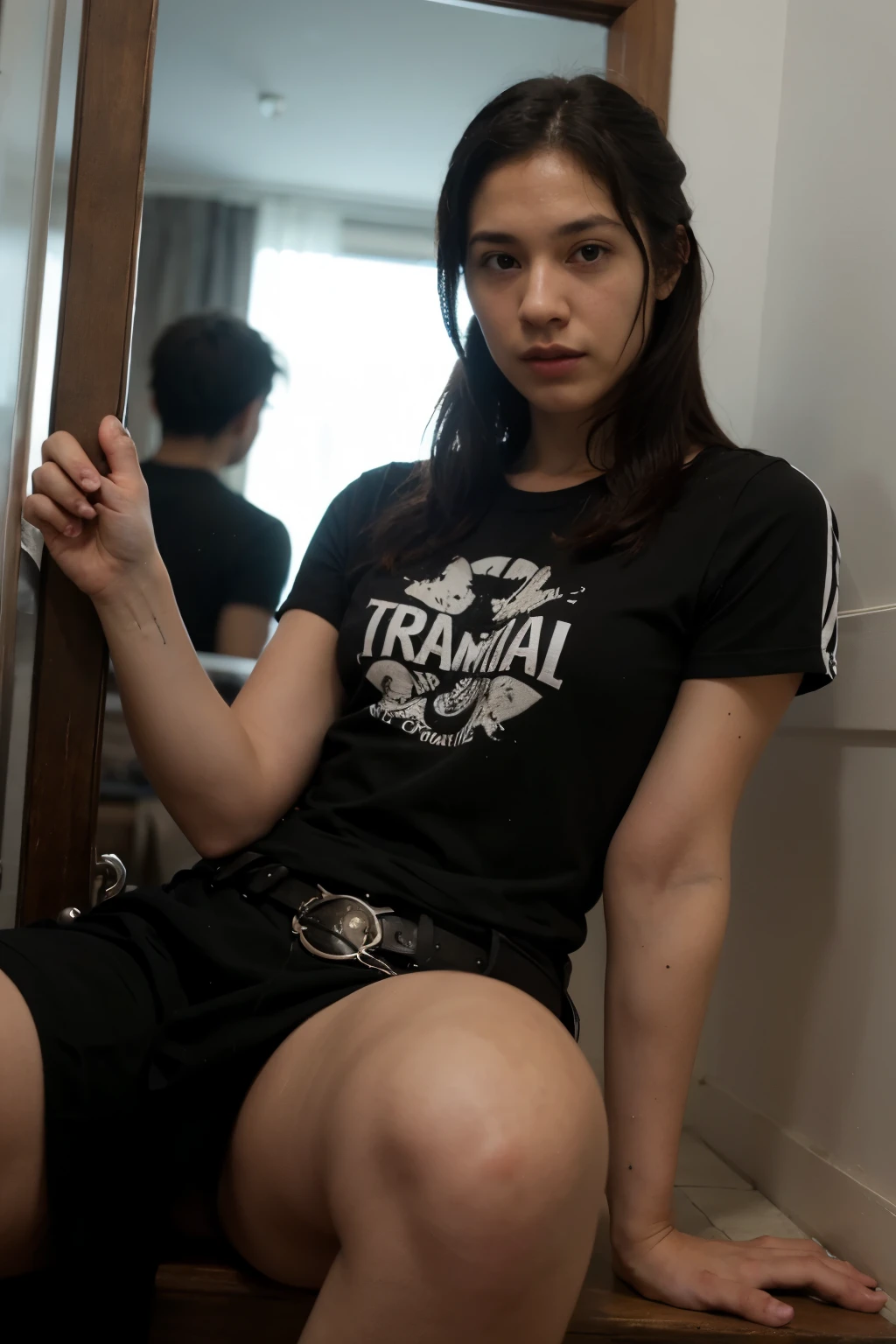 ((Pitch-perfectTshirt:1.65)))、(((Sexy knee-highs:1.35)))、(((sexy panties:1.35)))、(((Sexy breasts:1.35)))、(((Sexy high heels:1.35)))、((((Spread your legs wide、Touching the thigh、There is a lot of pubic hair showing off the crotch、large pointy breasts))))、Browsing Caution、(Humans are biologically correct、references) 、 lose extra limbsslim limbsextra numbersmutated hands and finger fusionfingersslim bad handslong necklong body anatomybad deformationbad deformation no extra breasts、Not Futanari、Not Moriman、Highly detailed CG Unity 8K wallpapers, Highest quality, Very detailed, Tabletop, Realistic, photo-Realistic, Very detailedかわいい女の子, Age 25, ,, Upper Body , ,Big Breasts,black eye,Business Skirt