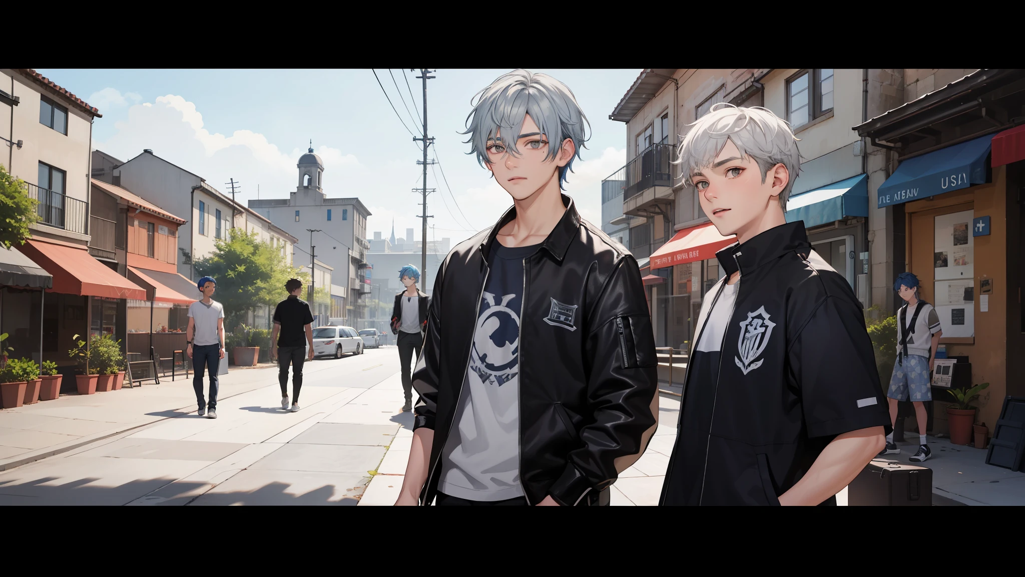 In the background is a silver city Two 15-year-old teenage friends with blue hair, With Latin skin and light gray hair on the outskirts of a large silver city they are talking about an important topic they are friends almost like brothers................