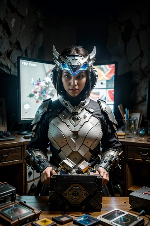 (best quality,4k,8k,highres,masterpiece:1.37), ultra-detailed, (realistic,photorealistic,photo-realistic:1.37), (aerial view), (top down perspective), 1woman, (the foreground is a woman pulling a video game cartridge out of a futuristic artifact box full of video game cartridges:1.6), (the woman is looking down:1.4), (Futuristic artifact box), (the artifact box is open), (The scene unfolds inside a mystical cavern:1.4), robot joints, mecha musume, (The woman is wearing a cyber suit made with glass details, covering her entire body:1.5), gatchaman, (She has a helmet glass visor:1.4), (dynamic angle:1.37), headgear, mechanical parts, (The woman's headgear is made of fractal mechanical parts:1.4), (fantasy and sci-fi mixed:1.37), holographic glitch effects floats around the woman, vibrant colors, (A blue glow emanates from inside the treasure chest), glowing lights, (abandoned machinery), (there are video game cartridges and consoles on the background), mystical creatures, (there are crystal formations spreading on the background), (futuristic technology), (ancient artifacts), mystical energy, vibrant retro aesthetic, atmospheric lighting, ancient ruins, mysterious symbols, lush vegetation, nostalgic atmosphere, epic adventure, delightful surprises