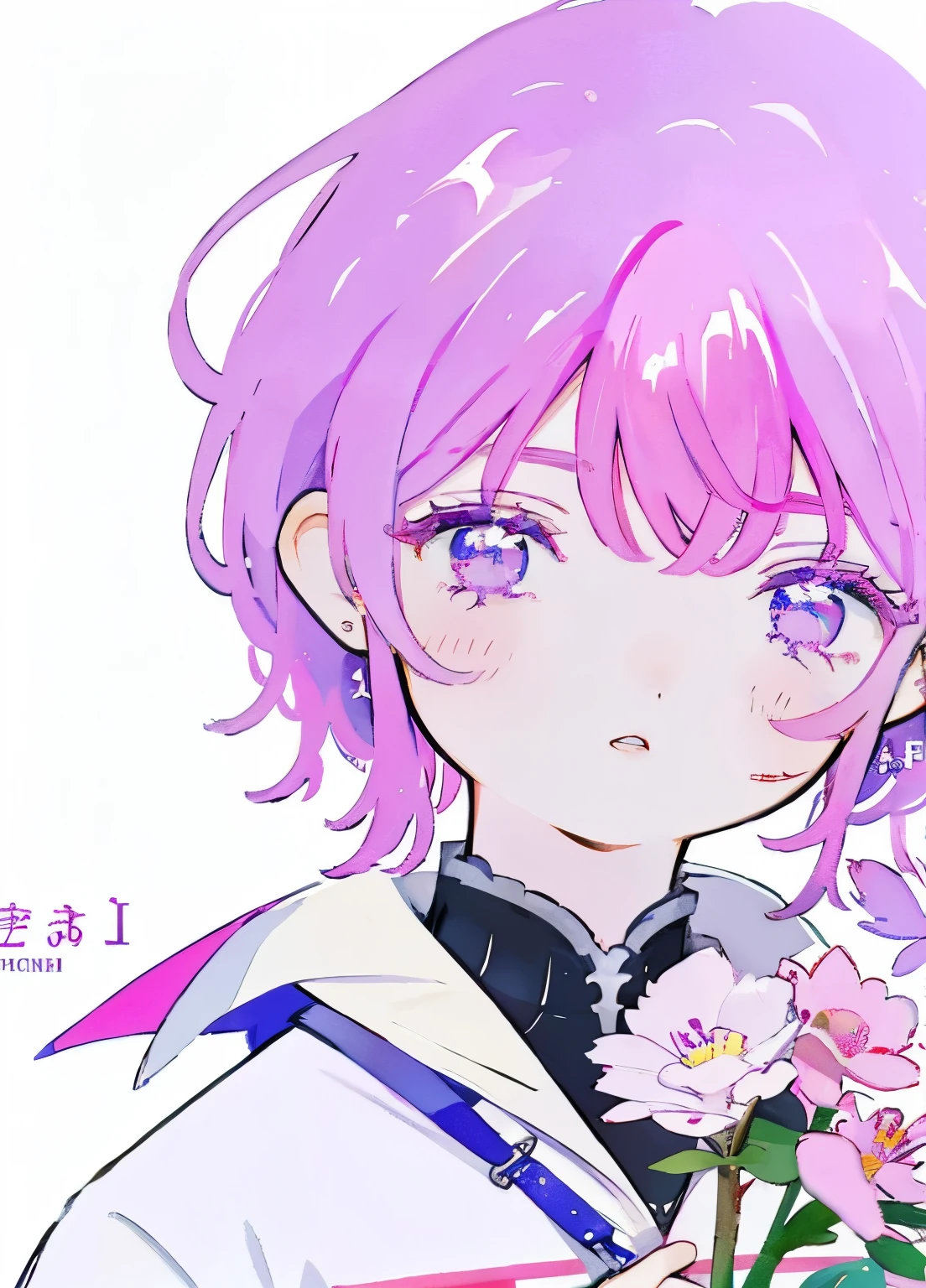 purple-pink hair, purple eyes, white clothes, flowers background, White background
