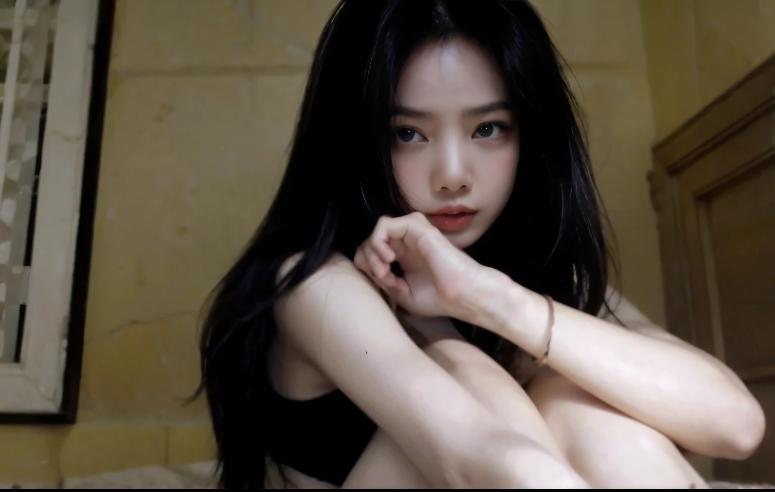 1Girl, 175cm,Korean model, 23 years old,smooth body, Black hair, Wavy hair,Whole body, Whole body,((From head to legs)),Black Bracelet,Black Chain, White Tall Boots,large earring,close-up, 8K, Raw foto, Best Quality, Masterpiece,realisitic, Realistis,captivating,Cute,Orange background, erotic pose, Lying on the floor , Half-undressed....