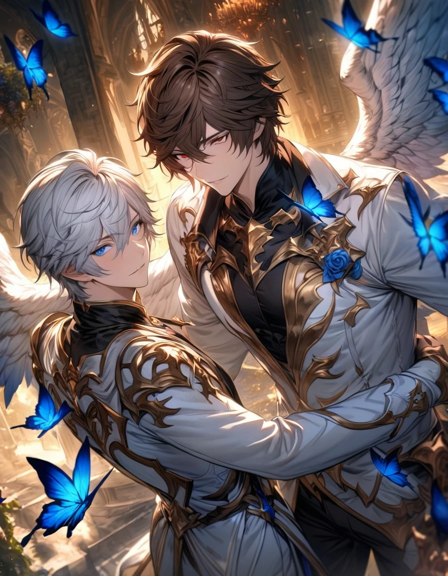 absurdres, highres, ultra detailed, HDR), masterpiece, Lucifer, white short hair, hair between the eyes, vibrant blue eyes, Sandalphon, dark brown short hair, hair between the eyes, vibrant red eyes, 2men together, gay couple, handsome, granblue fantasy, fantasy black and white clothes, angel wings, blue flowers, blue butterflies, castle