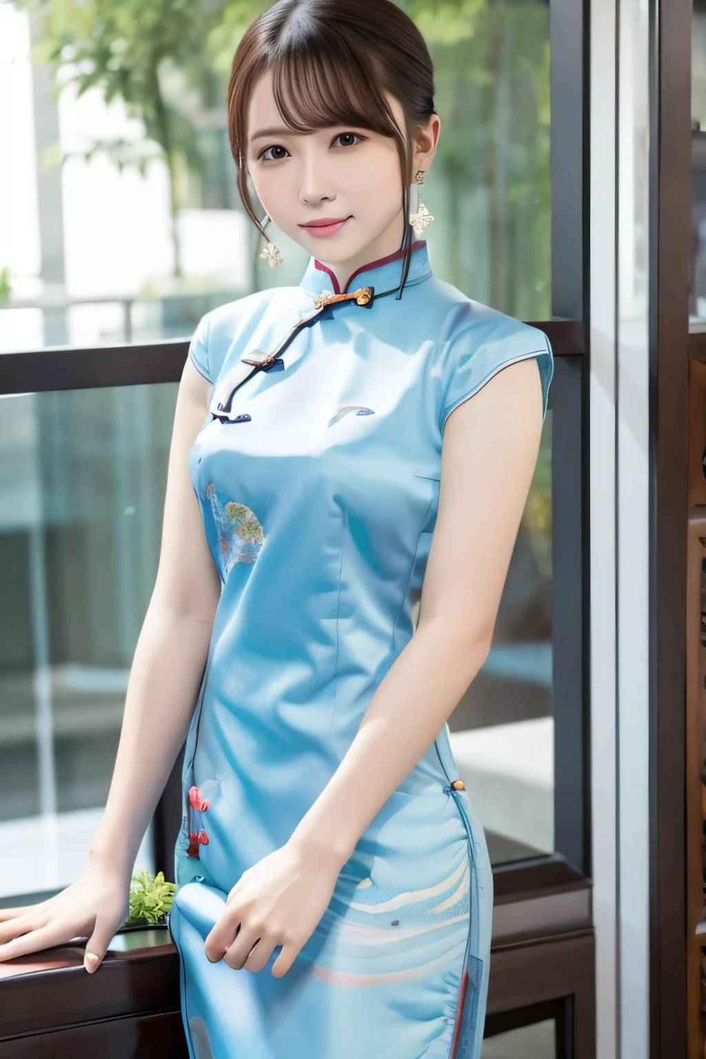 1 girl, beautiful, cute, professional lighting, highest quality,well-groomed face,(qipao:1.5), beautiful,short hair,Bewitching