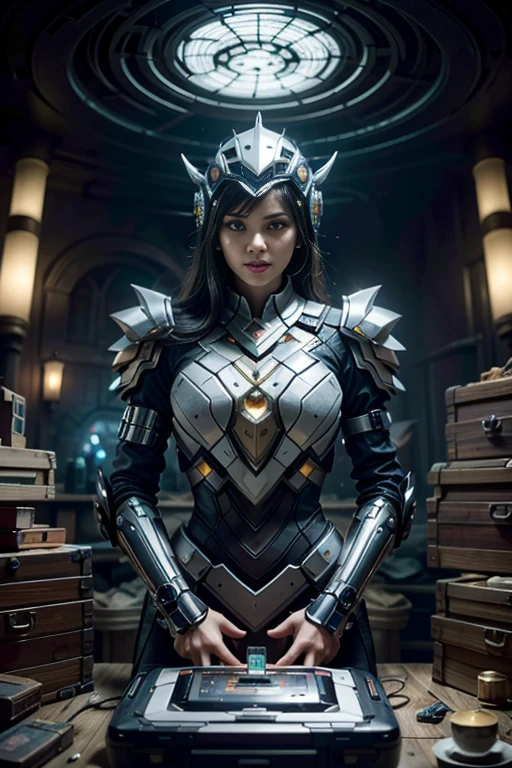 (best quality,4k,8k,highres,masterpiece:1.37), ultra-detailed, (realistic,photorealistic,photo-realistic:1.37), (aerial view), (top down perspective), 1woman, (the foreground is a woman pulling a video game cartridge out of a futuristic artifact box full of video game cartridges:1.6), (the woman is looking down:1.4), (Futuristic artifact box), (the artifact box is open), (The scene unfolds inside a mystical cavern:1.4), robot joints, mecha musume, (The woman is wearing a cyber suit made with glass details, covering her entire body:1.5), gatchaman, (She has a helmet glass visor:1.4), (dynamic angle:1.37), headgear, mechanical parts, (The woman's headgear is made of fractal mechanical parts:1.4), (fantasy and sci-fi mixed:1.37), holographic glitch effects floats around the woman, vibrant colors, (A blue glow emanates from inside the treasure ?????), glowing lights, (abandoned machinery), (there are video game cartridges and consoles on the background), mystical creatures, (there are crystal formations spreading on the background), (futuristic technology), (ancient artifacts), mystical energy, vibrant retro aesthetic, atmospheric lighting, ancient ruins, mysterious symbols, lush vegetation, nostalgic atmosphere, epic adventure, delightful surprises