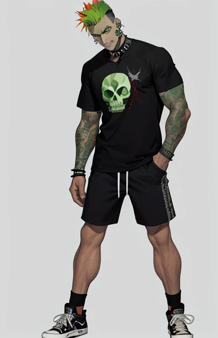 Full body portrait of Dunc@n man, (((detailed face))) mohawk, spiked choker, facial hair, eyebrow piercing, earrings, green hair, multicolored hair, annoyed expression, black shirt, masculine, (no background:1), (red:2 converse shoes), bridges, black t-shirt with skull,