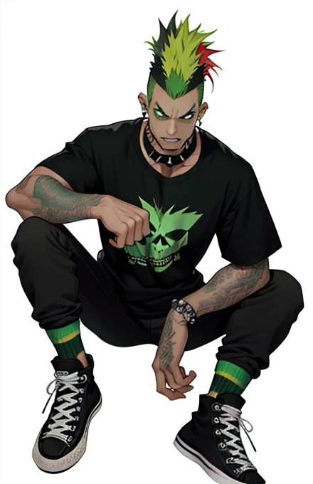 Full body portrait of Dunc@n man, (((detailed face))) mohawk, spiked choker, facial hair, eyebrow piercing, earrings, green hair, multicolored hair, annoyed expression, black shirt, masculine, (no background:1), (red:2 converse shoes), bridges, black t-shirt with skull,