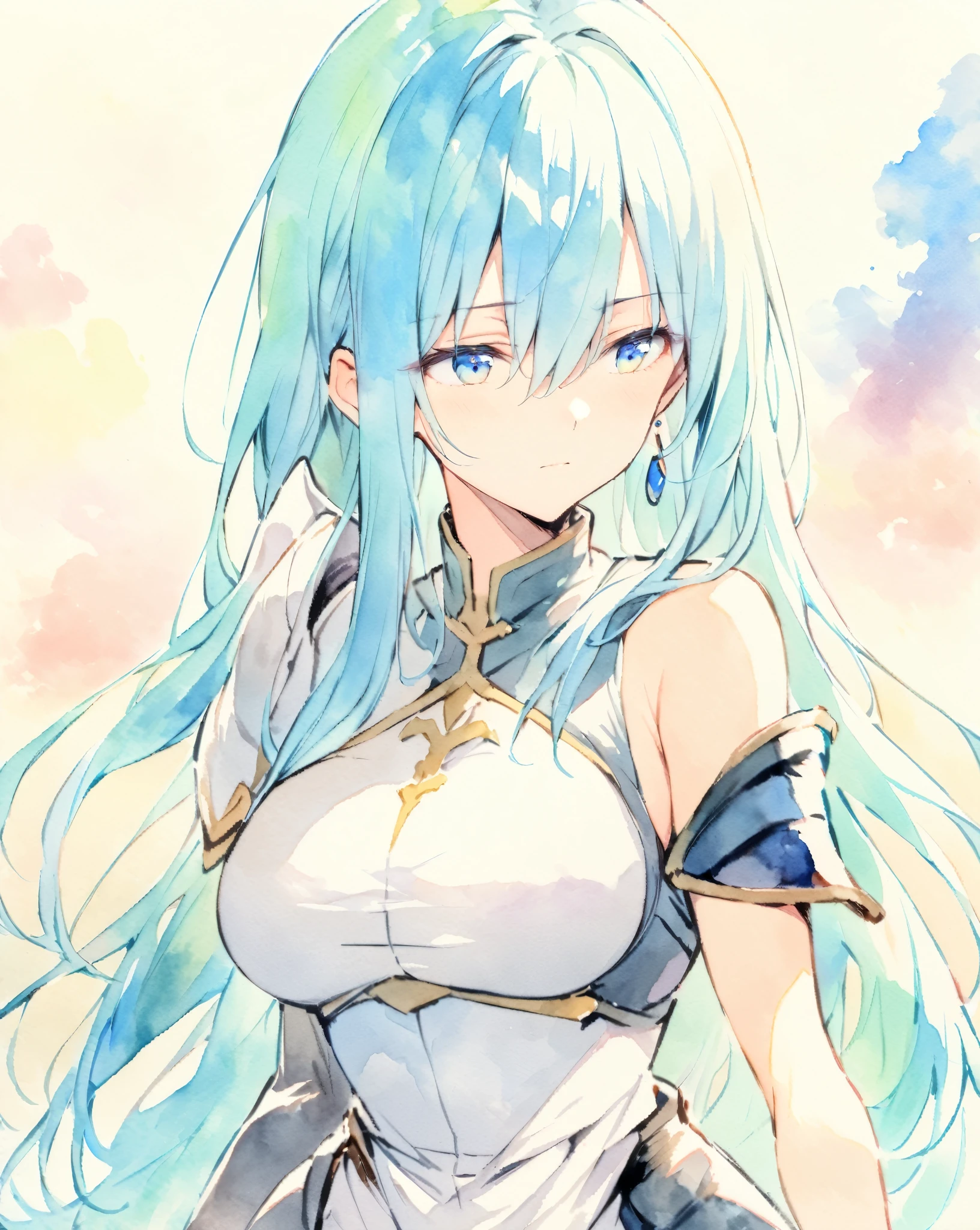 masterpiece, best quality, watercolor (medium), 1 girl, breast, alone, long hair, split, Sky blue hair, blue eyes, earrings, Bangs, jewelry, skirt, bare shoulders, sleeveless, hair between eyes, 单pauldron, looking at the audience, large breast, armor, shoulder armor, sleeveless skirt, Upper body, single sleeve, white skirt, pauldron, contempt