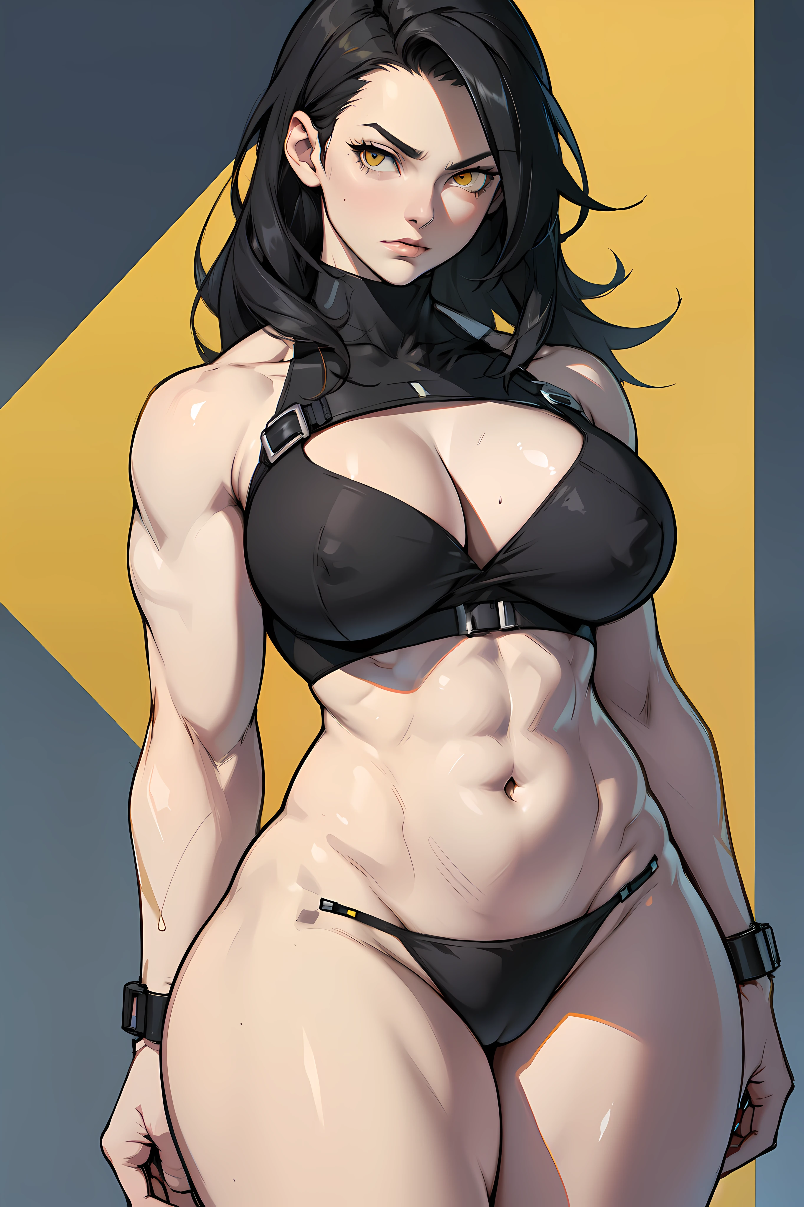 large breasts thin waist wide hips thick thighs muscular toned body curvy muscles thick pale skin black hair yellow eyes expressionless skintight