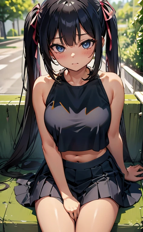 ((masterpiece、top-quality:1.5、a high chroma:1.5、ultra-detailliert、high-resolution illustrations:1.5、Ultra-high-definition CG、8k size wallpaper、offcial art))、(cowboy shot)、(1girl)
,(sit、sopen legs a little:1.3),
,(sexy body),(One only wears black),(neck holder crop top,micro skirt),(long black hair), (large breasts)、
(hair ribbon)、