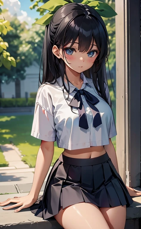 ((masterpiece、top-quality:1.5、a high chroma:1.5、ultra-detailliert、high-resolution illustrations:1.5、Ultra-high-definition CG、8k size wallpaper、offcial art))、(cowboy shot)、(1girl)
,(sit、sopen legs a little:1.3),
,(sexy body),(One only wears black),(neck holder crop top,micro skirt),(long black hair), (large breasts)、
(hair ribbon)、