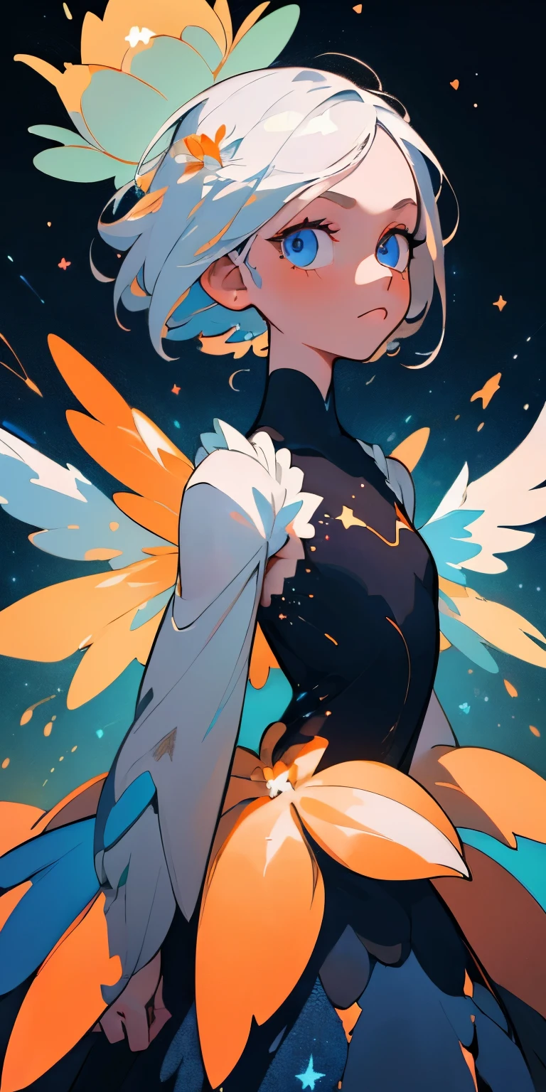 (best quality, masterpiece), 1girl, galaxy, glitter, dress, particle, wind, flower, upper body, dark simple background, looking at viewer, white hair, blue eyes colour, sceme blue and orange, add small wings