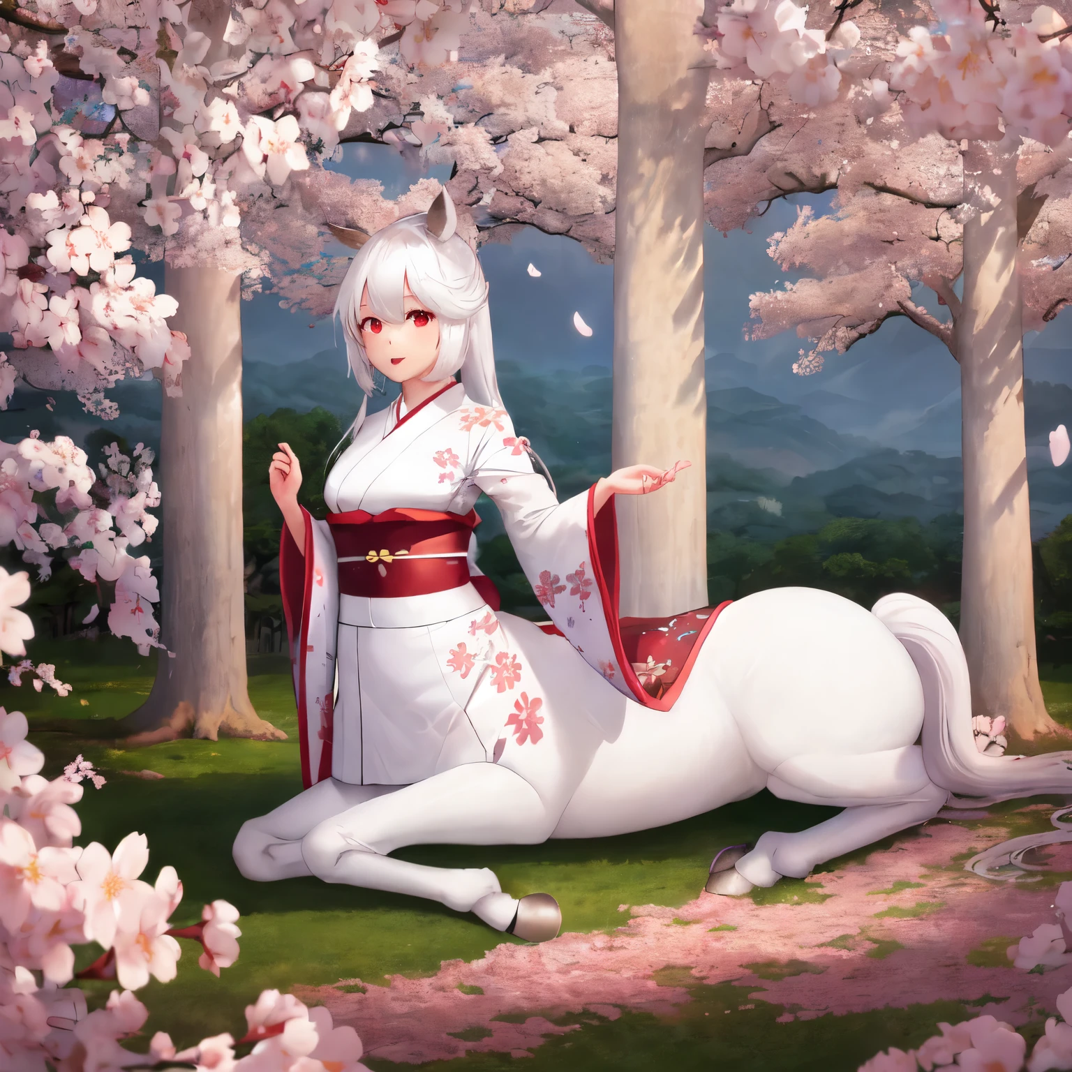 1girl, solo, ((white centaur)), hooves, taur, white hair, white kimono, best quality, highres, full body, ((sitting)), cherry blossom tree, cherry blossom forest, sunset, looking at viewer, relaxed, open mouth, happy, red eyes,