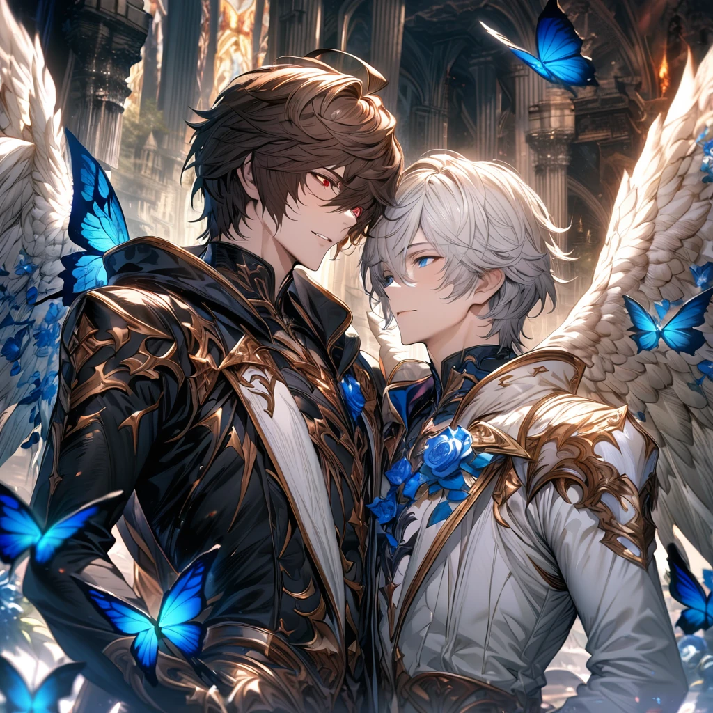 absurdres, highres, ultra detailed, HDR), masterpiece, Lucifer, white short hair, hair between the eyes, vibrant blue eyes, Sandalphon, dark brown short hair, hair between the eyes, vibrant red eyes, 2men together, gay couple, handsome, granblue fantasy, fantasy black and white clothes, angel wings, blue flowers, blue butterflies, castle