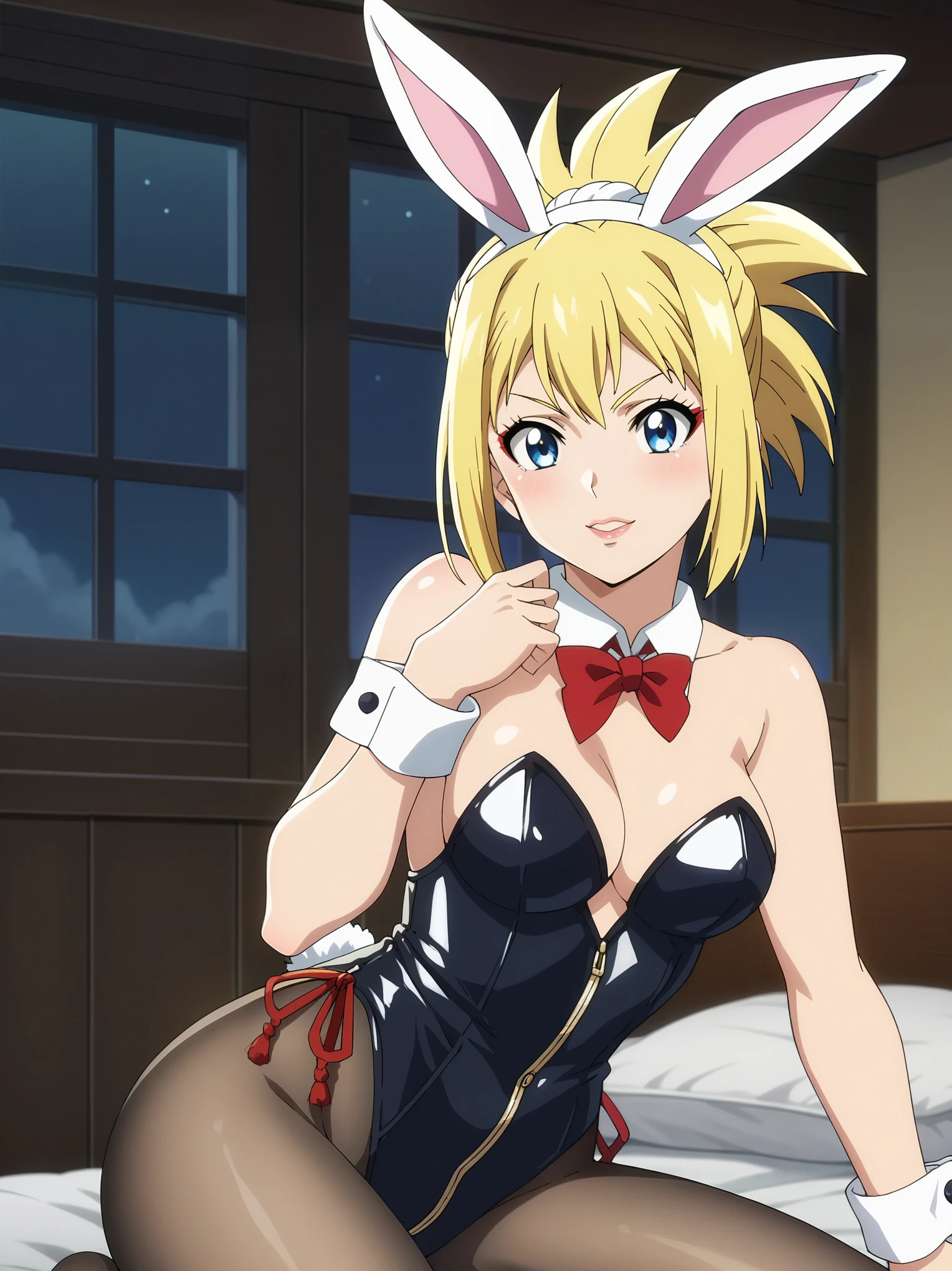 score_4, score_5, score_6, score_9, score_8_up, score_7_up, source_anime, fine anime screencap_xl, anime_screencap, kohaku, dr stone, blonde hair, doctor stone, indoors, bedroom, latex, fake bunny ears, bunny suit, solo, closeup, face closeup, dark, night, prostitute, prostitution, hooker, red eyeshadow, blue eyes, smacking lips