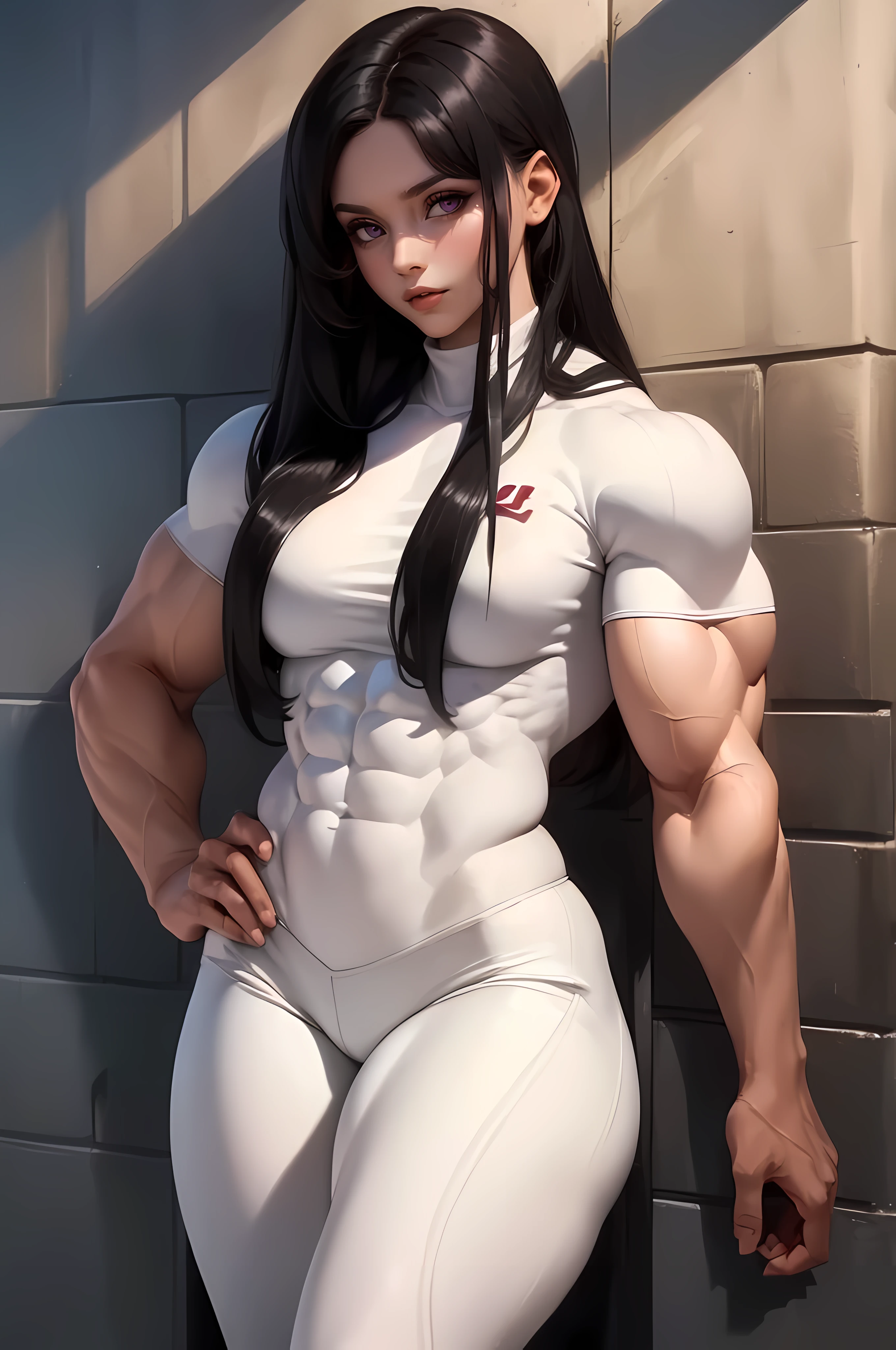 ((((((((1 girl)))))))), (((((((muscular))))))) black hair, yellow eyes, very long hair, tall, pale skin, (seductive expression), against wall