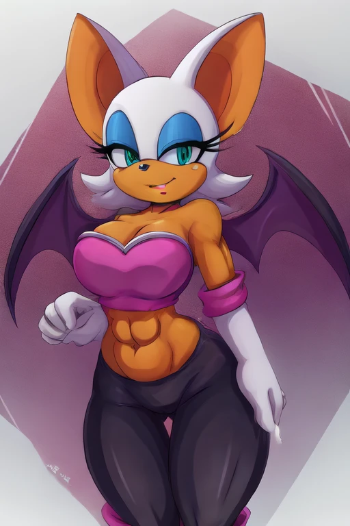 ((best quality)), ((masterpiece)), (detailed), perfect face, rouge that bat with abs wearing a crop top of her classic outfit with a bare midriff and a bare navel, she has a tan midriff