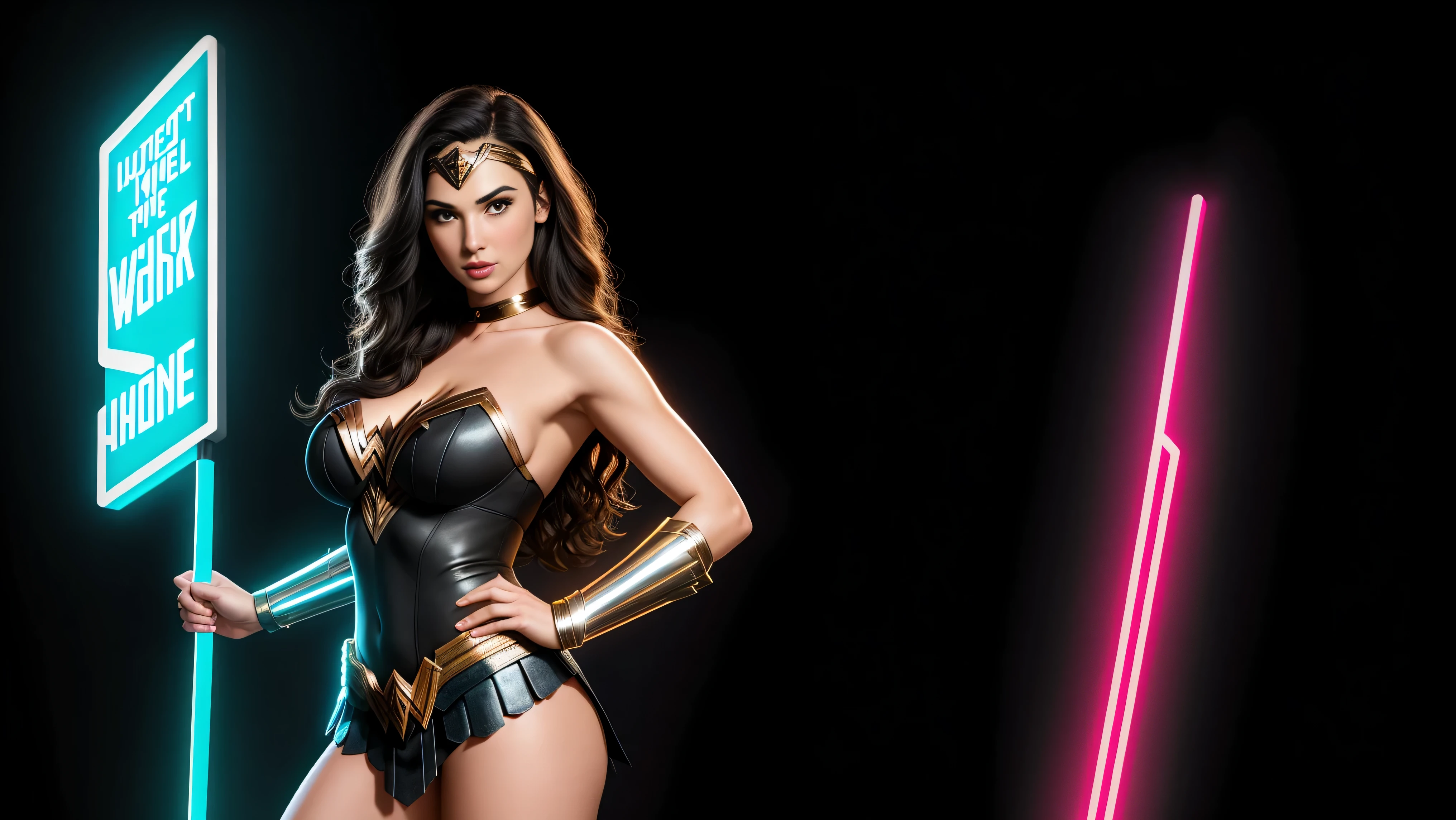 there IS GAL GADOT AS WONDER WOMAN standing, long hair, 3 d neon art of a womans body, neon-noir background, cyberpunk femme fatale, seductive cyberpunk dark fantasy, cyberpunk strip clubs, cyberpunk 20 y. o model girl, oppai cyberpunk, banner, high definition cgsociety, cgsociety masterpiece, trending on cgstation, kda, random hair, looking at camera, gigantic breasts, cleavage, (high detailed skin:1.2), 8k uhd, dslr, super lighting, high quality, film grain, high res, highly detailed, hyper realistic, beautiful face, beautiful body, beautiful eyes nose lips, alluring expression, very bold, upper visible, full body photo, standing legs apart, pale translucent glowing skin, most beautiful face, cute, (well defined pubic hair:1.2)), (dark plain black background:1.4))
