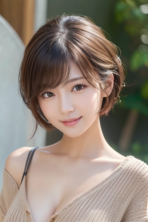 (masterpiece:1.3), (8K, Raw, Top image quality: 1.4), thailand high school girls、(Random hairstyles:1.2)、cleavage of the breast:1.2、Super Detail Face、Eye of Detail、double eyelid、Bring your chest together、sharp focus:1.2、prety woman:1.4、light brown hair、top-quality、masterpiece、超A high resolution、Highly detailed and professional lighting smile、Loose and light knitwear、Shoulder out、slender、serious facial expression、short-haired、Fatal position, facing front , pose 1.4 to camera ,waist up pose , various shot angle