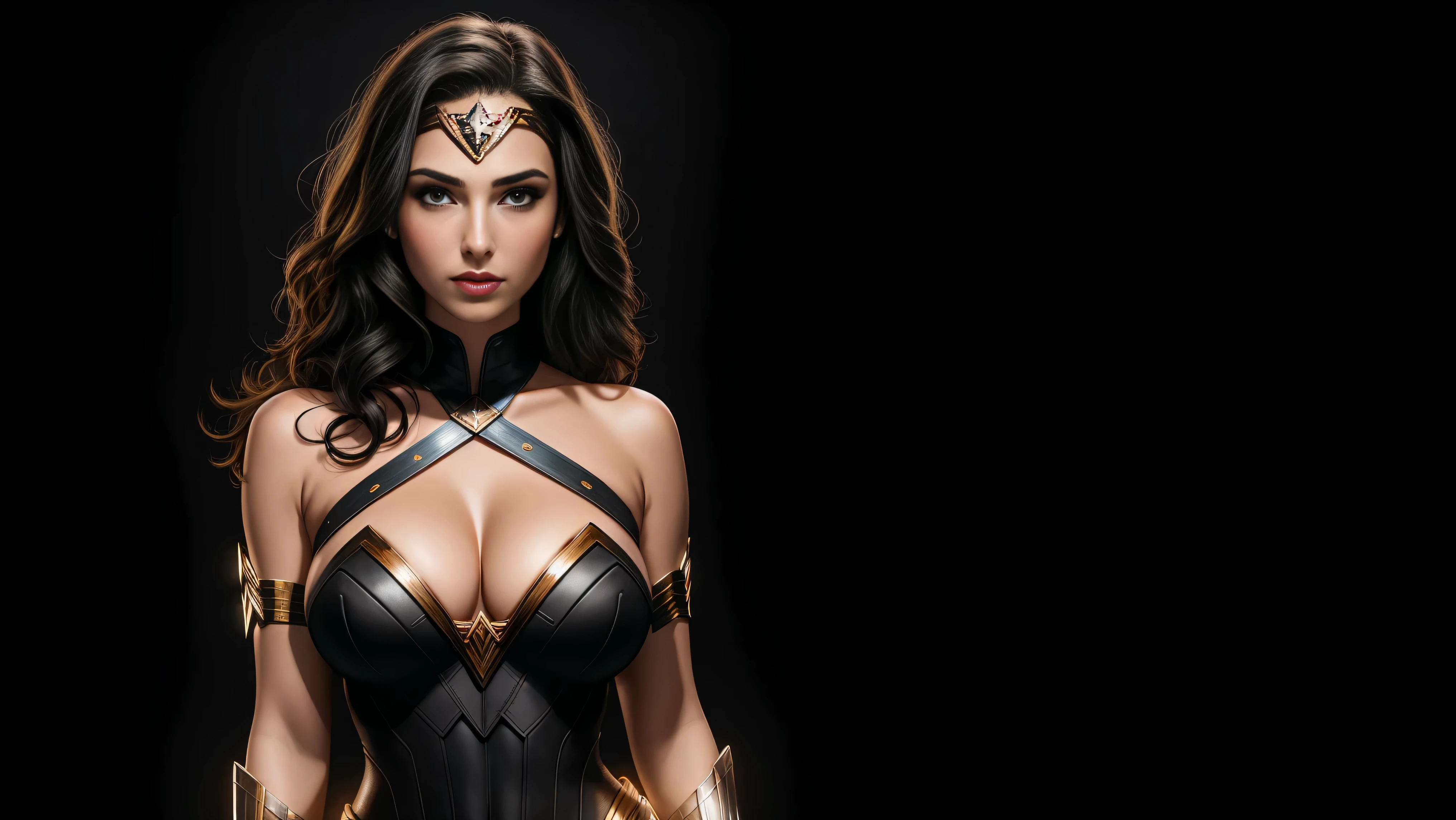 there IS GAL GADOT AS WONDER WOMAN standing, long hair, 3 d neon art of a womans body, neon-noir background, cyberpunk femme fatale, seductive cyberpunk dark fantasy, cyberpunk strip clubs, cyberpunk 20 y. o model girl, oppai cyberpunk, banner, high definition cgsociety, cgsociety masterpiece, trending on cgstation, kda, random hair, looking at camera, gigantic breasts, cleavage, (high detailed skin:1.2), 8k uhd, dslr, super lighting, high quality, film grain, high res, highly detailed, hyper realistic, beautiful face, beautiful body, beautiful eyes nose lips, alluring expression, very bold, upper visible, full body photo, standing legs apart, pale translucent glowing skin, most beautiful face, cute, (well defined pubic hair:1.2)), (dark plain black background:1.4))