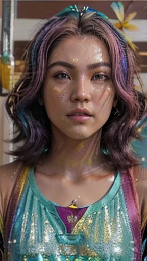 Retrato de corpo inteiro、standing in panties and bra 、(Camiseta Moda Rosa:1.9)、(cabelo colorido:1.8)、(all colors of the rainbow:1.8)、((((vertical cervejang:1.6)))、(pictorial、:1.6)、face frontal、Quadrinho、An illustration、pictorial、、olhos grandes、olhos cristalinos、(Rabo de cavalo alto gradiente iridescente:1.7)、maquiagem requintada、Boca Fechada、(Pequeno fresco:1.5)、(Clean the chest:1.6)、long eyelashes、camiseta branca com ombros largos、、camisa de ombro branca、looking at the audience、grandes olhos lacrimejantes、(cabelo iridescente:1.6)、 respingo de cor, (Sozinho、:1.8), respingo de cor, color explosion, Estilo de pintura espessa, messy lines, ((Resplandecente)), (colorida), (colorida), colorida, colorida, Estilo de pintura chique, (Respingo) (respingo de cor), vertical cervejang, tronco, Paint Respingo, Acrylic pigments, gradientes, cerveja, Mais alta qualidade, Mais alta qualidade, Mestre da paz、, Sozinho、, profundidade de campo, pintura facial, roupas coloridas, (Elegantemente: 1.2), Maravilhoso,cabelo comprido, Vento, (Elegantemente: 1.3), (flower petals:1.4)、(((Mestre da paz、)))、(((a mais alta qualidade)))、((super detalhado))、(An illustration)、(dynamic ungle)、((Flutuando))、(cerveja)、((Cabelos desalinhados))、(Sozinho、)、(1 garota)、((rosto de anima detalhado)))、((lindo rosto detalhado))、colarinho、ombro nu、cabelos brancos、((cabelo colorido))、(((cabelo com mechas))、lindos olhos detalhados、(Olhos em cores gradientes)、(((olhos coloridos))))、(fundo colorido))))、((((high saturation))))、(((cercado por salpicos coloridos)))、