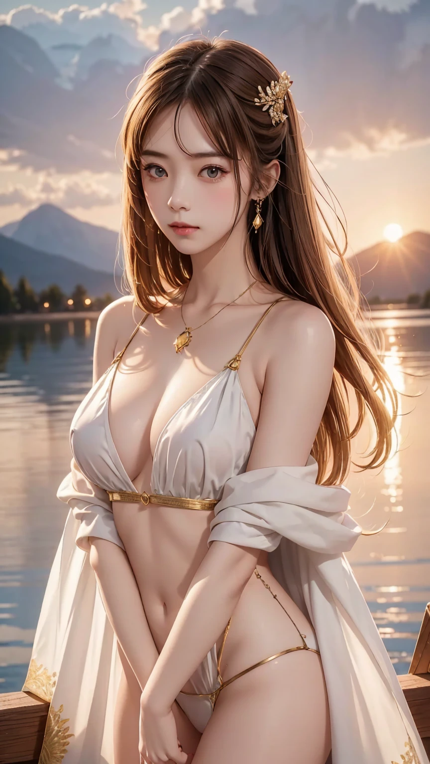 1 girl, serene expression, mesmerizing eyes, long straight hair, flowing dress, poised posture, porcelain skin, subtle blush, BREAK golden hour crystal pendant, (rim lighting): 1.2, warm tones, sun flare, shadows soft, vibrant colors, pictorial effect, dreamy atmosphere BREAK scenic lake, distant mountains, willow tree, calm water, reflection, sunlit clouds, tranquil ambience, idyllic sunset, ultra detailed, official art, unity 8k wallpaper, zentangle, mandala