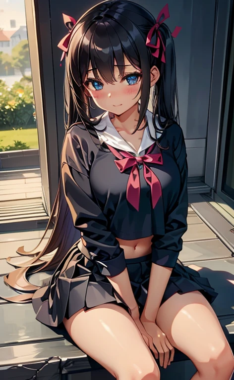 ((table top, highest quality, High resolution, nffsw, perfect pixel,  4K, nffsw, nffsw))), 1 girl, single, alone, beautiful woman、I could see the whole body、 ((middle wavy hair, bangs, brown hair)), ((brown eyes, beautiful eyelashes, realistic eyes)), ((detailed face, blush:1.2)), ((smooth texture:0.75, realistic texture:0.65, realistic:1.1, Anime CG style)), medium breasts, dynamic angle, perfect body,  ((red bow tie, school uniform, black jacket, open jacket, Brown cardigan, white shirt, black skirt, plaid skirt)), City staircase、Angle looking up from the bottom of the stairs、Very embarrassing panic smile, looked back、leaning forward、(The wind flipped my skirt and exposed my butt....................、Touching the buttocks with both hands、White floral lace panties)、