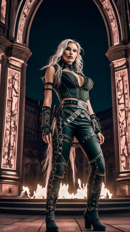 Ultra detailed realistic photo, a European forty year old woman with Latina facial features in a full body pose, hairstyle redhead with a shieldmaiden braid and undercut, detailed green colored iris eyes bright, subtle make-up, clothing White leather vest etched with lace and many metal buckles in the Gothic style with white leather pants etched with lace and inserted mesh fabric and many metal buckles, a white wide waist belt with a large red rose printed on it, high heels boots in white with red laces, clothing in a modern Gothic style, full body pose dancing in front of a Gothic fountain, full body pose at night and the picture is included illuminated by magical torches, body figure tall with long legs and athletic with medium cup size, body and face depicted in ultra detail, Clothes white color