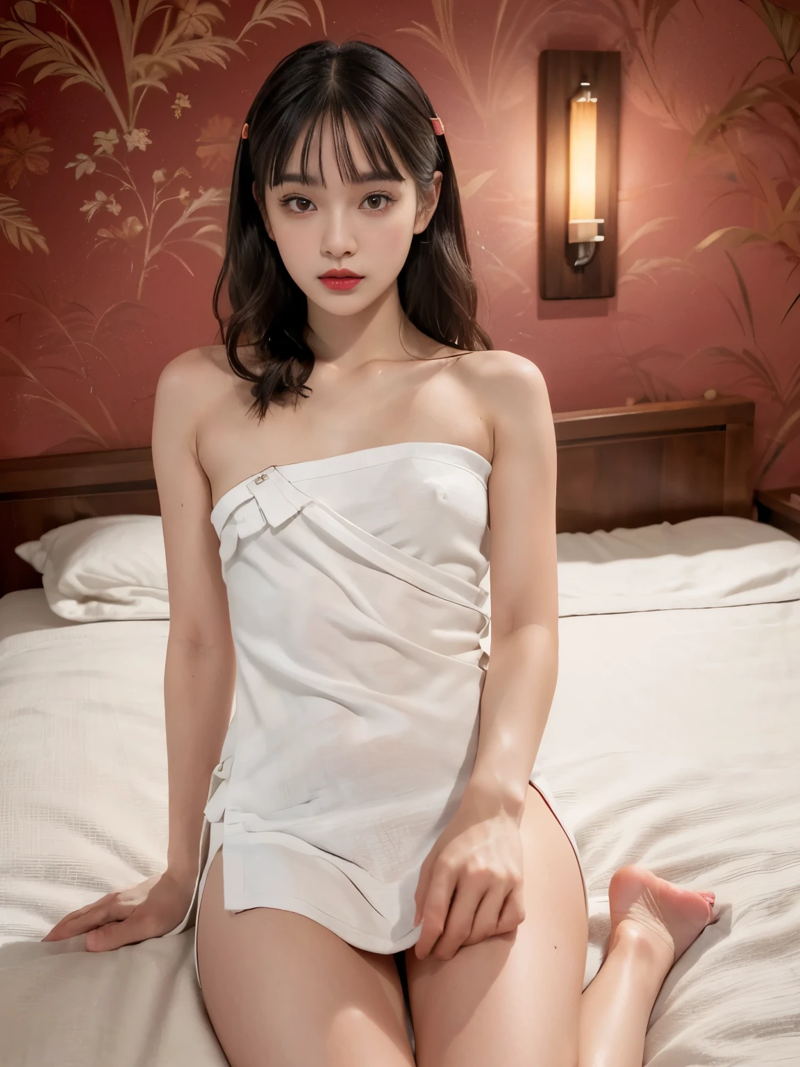 raw photo, 8k, (top-quality), Realistic, (real picture, Intricate details), (natural skin texture, detailed skin, hyper realism, sharpness), (Japanese girl sitting on small bed in a old hotel at night, hands between leg), ((towel wrapped on naked, naked towel)), (((flat chast:1.5))), (slender body, pale skin:1.2), ((wavy hair, blunt bangs)), (baby facative look, Parted lips:1.3, eye bag:1.3, red thick lips, under eye circle), thighs, night time, red wallpaper, hard lighting:1.3, full body shot