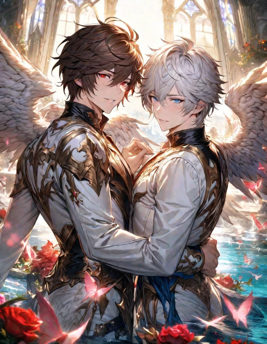 absurdres, highres, ultra detailed, HDR), masterpiece, Lucifer, white short hair, hair between the eyes, vibrant blue eyes, Sandalphon, dark brown short hair, hair between the eyes, vibrant red eyes, 2men together, gay couple, handsome, granblue fantasy, fantasy black and white clothes, angel wings, red flowers, pink butterflies, water
