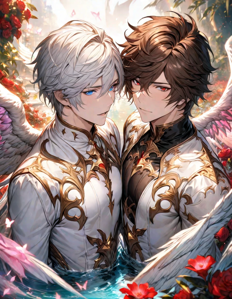 absurdres, highres, ultra detailed, HDR), masterpiece, Lucifer, white short hair, hair between the eyes, vibrant blue eyes, Sandalphon, dark brown short hair, hair between the eyes, vibrant red eyes, 2men together, gay couple, handsome, granblue fantasy, fantasy black and white clothes, angel wings, red flowers, pink butterflies, water