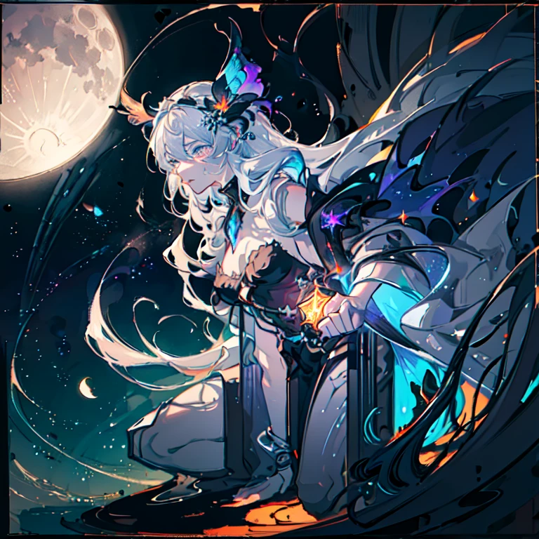 Body painting of a European female, kneeling down while crying angrily, black burn scar on the whole left side of her body, long hair, very messy hair, silver hair, dark blue eyes, white diamond pupil, sharp black claws on her left hand, thorny frame, Decorative panels, abstract, night time, artistic, by Alphonse Mucha (Masterpiece, Best Quality, Highres:1.4), Detailed, Intricate Details, 4K, color splashes, line art, 4K,Complicated details,HighestQuali,A woman in a robe sits alone,looking at the distance,The tone suppresses anger,deep colour,black in color,Deep black,purpleish color,Mountains and mountainagia,The feeling of loneliness,repression,Tattered tunic, expansive landscape photograph , (a view from below that shows sky above and open field below), a girl standing on flower field looking up, (full moon:1.2), ( shooting stars:0.9), (nebula:1.3), distant mountain, tree BREAK
production art, (warm light source:1.2), (Firefly:1.2), lamp, lot of purple and orange, intricate details, volumetric lighting BREAK
(masterpiece:1.2), (best quality), 4k, ultra-detailed, (dynamic composition:1.4), highly detailed, colorful details,( iridescent colors:1.2), (glowing lighting, atmospheric lighting), dreamy, magical, (solo:1.2)