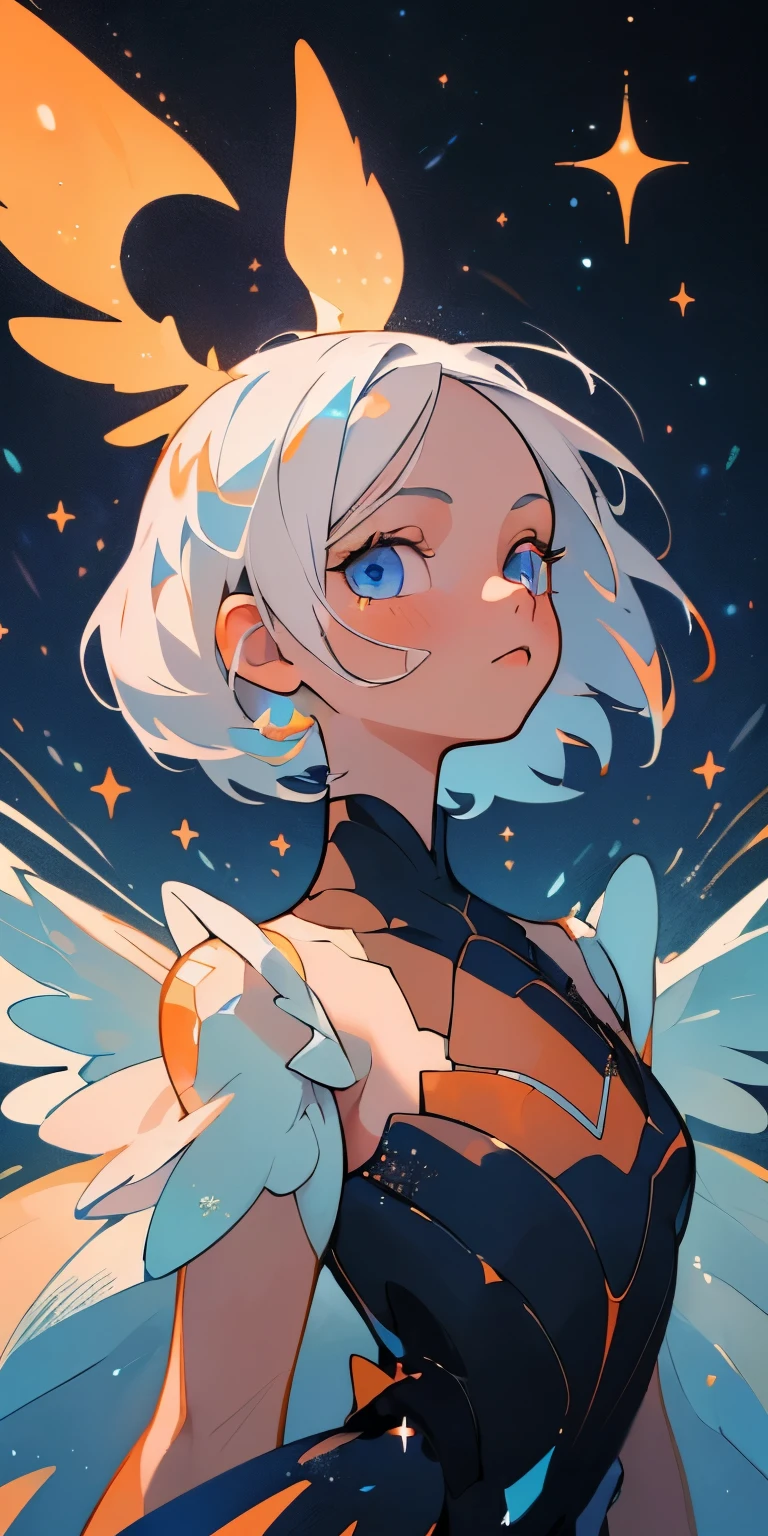 (best quality, masterpiece), 1girl, galaxy, glitter, dress, particle, wind, flower, upper body, dark simple background, looking at viewer, white hair, blue eyes colour, sceme blue and orange, add small wings