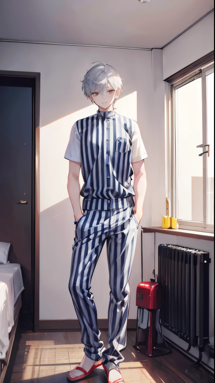 High resolution, 2D anime style,,cool men,red eyes,beautiful eyes,beautiful face,short hair,silver hair,Striped pajamas,I'm wearing long pants,Beautiful watch,beautiful earrings,he is smiling a little.Standing in the bedroom.