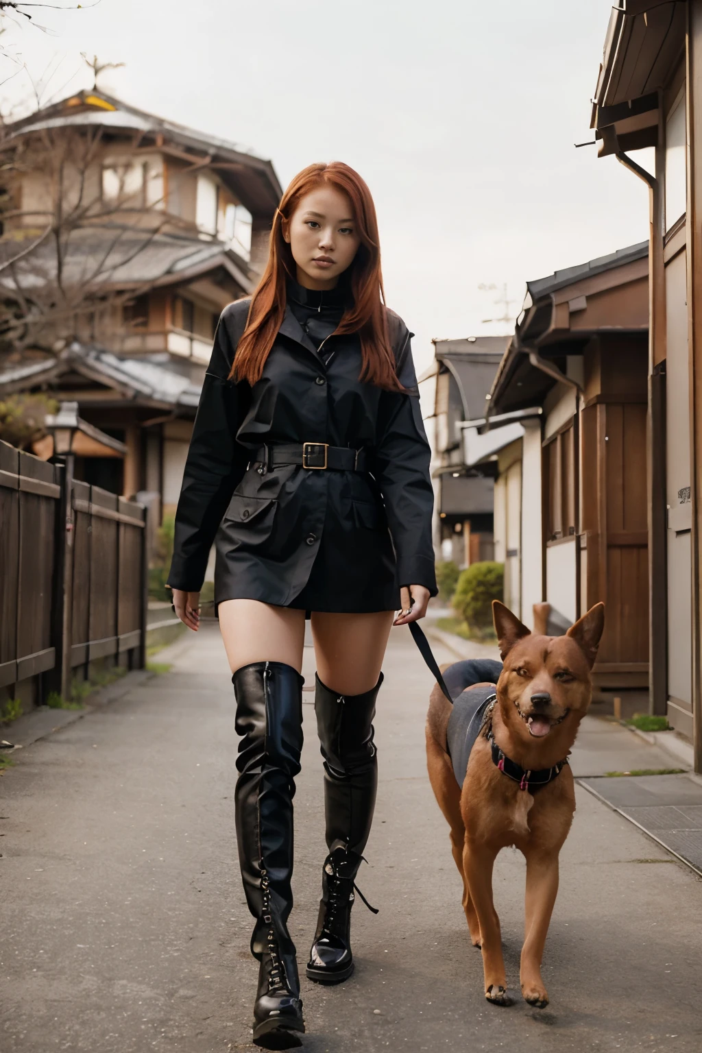 Sexy redhead nude japanese girl in a Girls world only walking exploration wearing only high black over-the-knee socks, high heels, tarms wrapped and a dog collar. Breast out, open breast, nude, naked, slim body,full naked. 