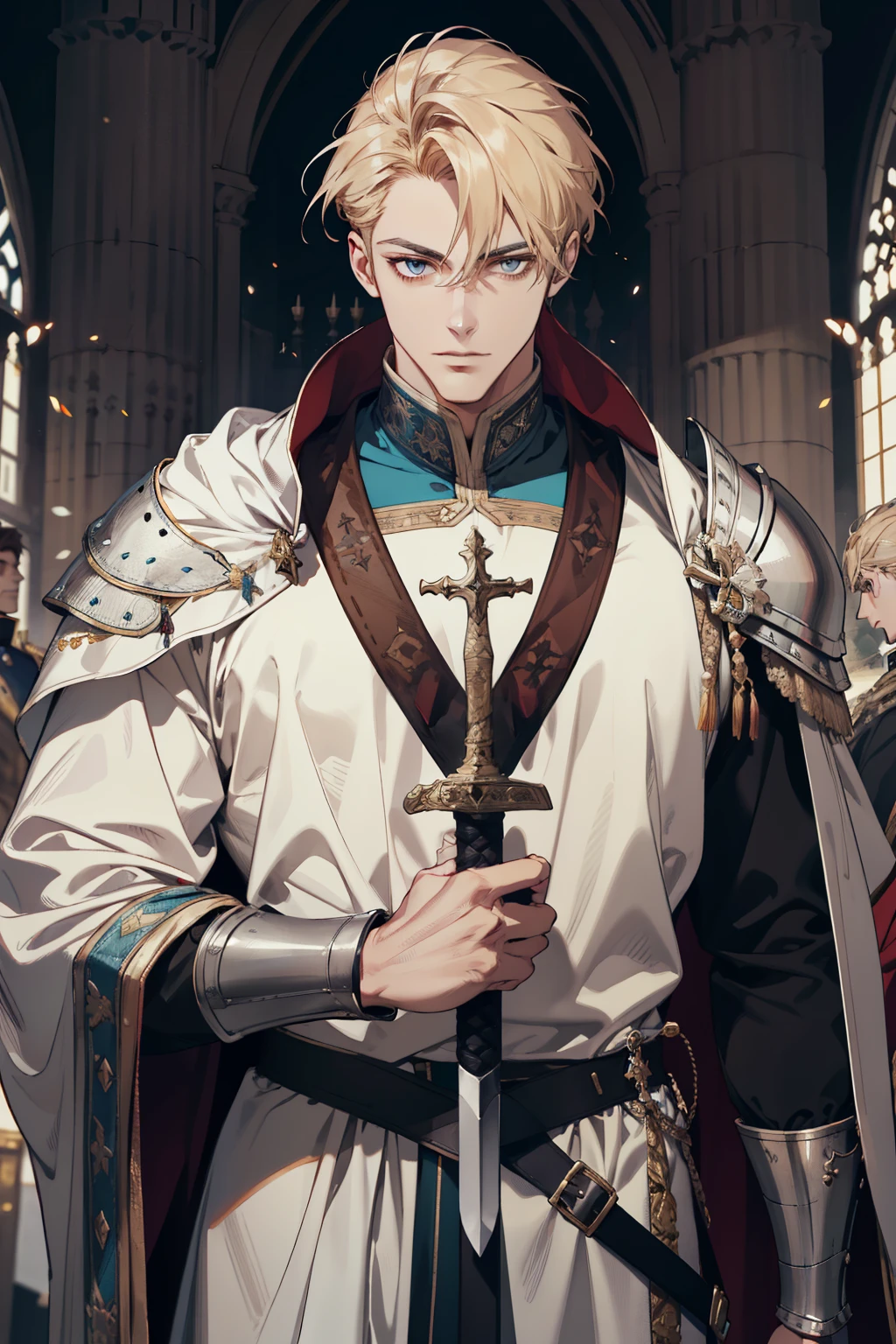 (absurderes,A high resolution,ultra - detailed),1male people,king arthur,AS-Adult,handsome,Tall muscular man,a broad shouldered,Fine and detailed eyes and detailed face,Short blonde hair,cavalier,armour,With a big sword,sankta,cathedrals,religion,exalted,battlefiled