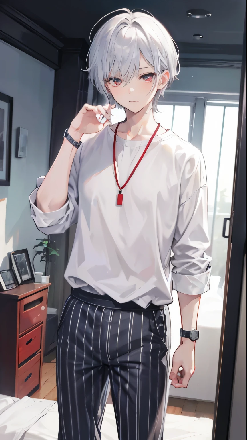 High resolution, 2D anime style,,cool men,red eyes,beautiful eyes,beautiful face,short hair,silver hair,Striped pajamas,I&#39;m wearing long pants,Beautiful watch,beautiful earrings,he is smiling a little.Standing in the bedroom.
