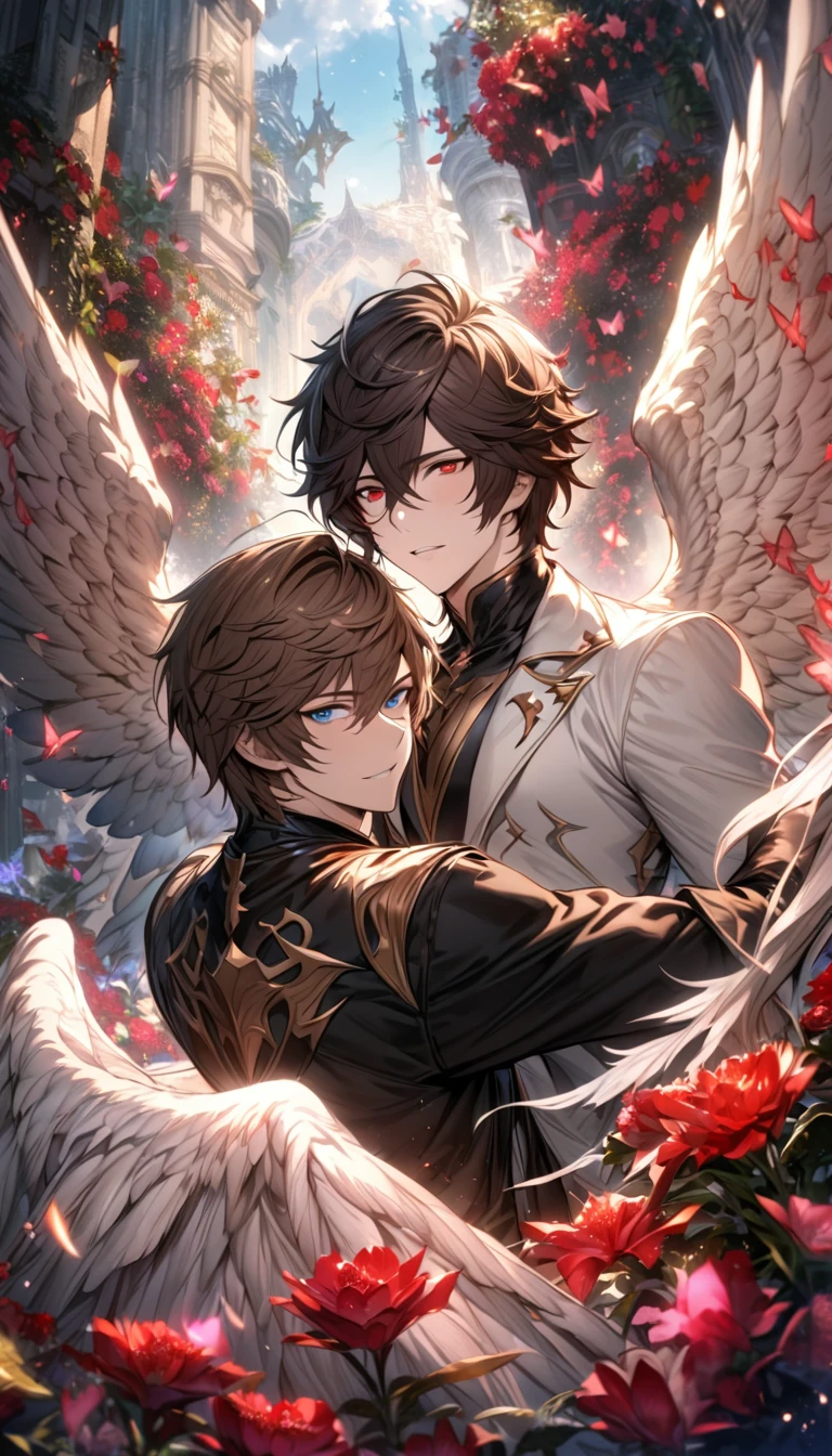 absurdres, highres, ultra detailed, HDR), masterpiece, Lucifer, white short hair, hair between the eyes, vibrant blue eyes, Sandalphon, dark brown short hair, hair between the eyes, vibrant red eyes, 2men together, gay couple, handsome, granblue fantasy, fantasy black and white clothes, angel wings, red flowers, pink butterflies, water