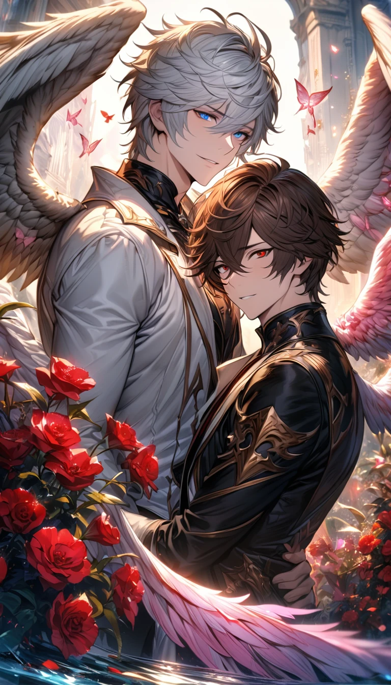 absurdres, highres, ultra detailed, HDR), masterpiece, Lucifer, white short hair, hair between the eyes, vibrant blue eyes, Sandalphon, dark brown short hair, hair between the eyes, vibrant red eyes, 2men together, gay couple, handsome, granblue fantasy, fantasy black and white clothes, angel wings, red flowers, pink butterflies, water