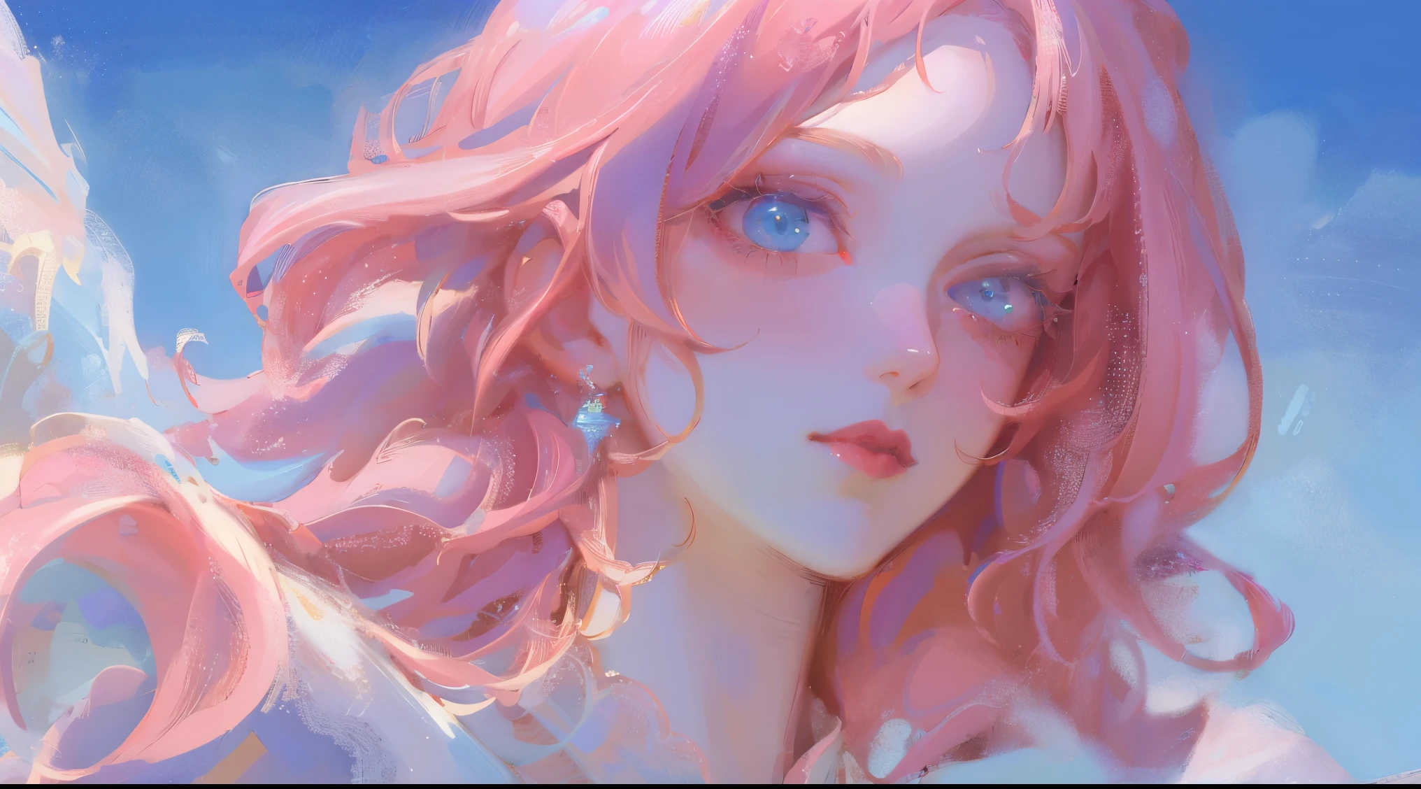 (best quality,highres:1.2),ultra-detailed,realistic,portrait,detailed eyes,detailed lips,long eyelashes,soft & delicate,gentle and fragile girl,light pink hair,bright blue eyes,white flowing dress,portraits,subtle colors,soft lighting
