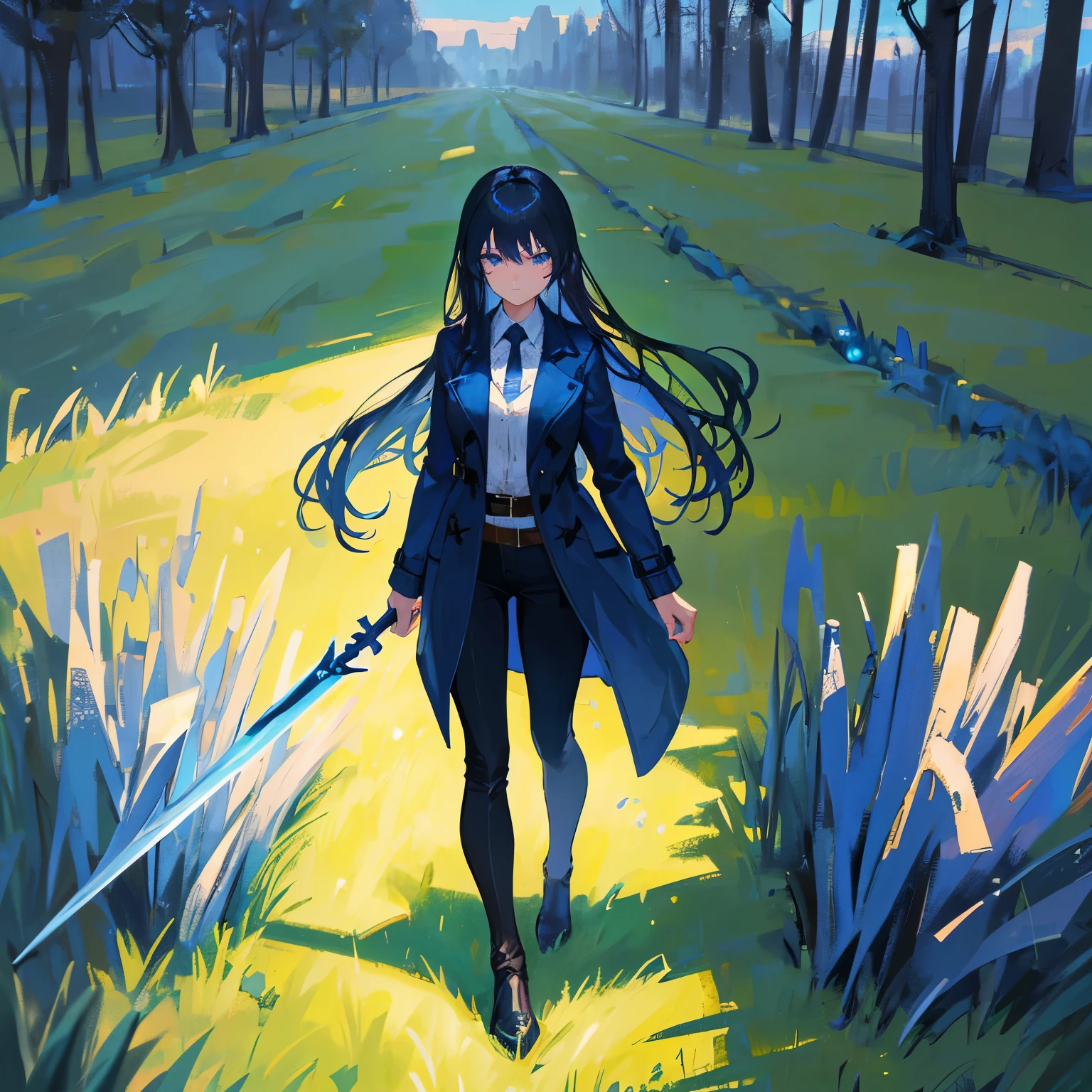 1girl, black straight long hair, Blue eyes, (detailed face), full body, ((intense blue trench coat)), medieval, (grassland background),masterrpiece, black pants, (cute face), (one Blue sword),