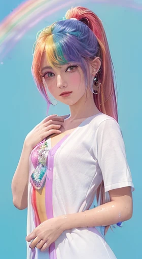 （Camiseta Moda Rosa：1.9），(cabelo colorido: 1.8), (all colors of the rainbow: 1.8),(((((vertical pintaring：1.6))), （pintaring：1.6），frente, comics, illustrations, pintarings, olhos grandes, olhos cristalinos,（ rainbow color gradient high ponytail：1.7）, maquiagem requintada, boca fechada,(Pequeno fresco: 1.5),(Clean the chest: 1.6) ，long eyelashes, camiseta branca ombro a ombro,  camisa de ombro branca，looking at the audience, grandes olhos lacrimejantes, (rainbow colored hair：1.6), respingo de cor, （Sozinho：1.8）, respingo de cor, color explosion, thick pintar style, messy lines, ((brilhando))，(colorida), (colorida), (colorida), colorida, Thick pintar Style, (Respingo) (Color Respingo), Vertical pintaring, tronco, pintar Respingo, acrylic pigment, gradiente, pintar, A mais alta qualidade de imagem, Mais alta qualidade, obra de arte, Sozinho, profundidade de campo, Face pintar,  colorida clothes, (elegante: 1.2), Maravilhoso,cabelo longo, Vento, (elegante: 1.3), (petals: 1.4)，(((obra de arte))),(((Melhor qualidade))),((ultra-detalhado)),(illustration),(dynamic angle),((Flutuando)),(pintar),((cabelo desgrenhado)),(Sozinho),(1 garota) , (((rosto de anima detalhado))),((lindo rosto detalhado)),colarinho,Ombros nus,cabelo branco, ((colorida hair)),((cabelo com mechas)),lindos olhos detalhados,(gradiente color eyes),(((colorida eyes))),(((colorida background))),(((high saturation))),(((surrounded by colorida splashes))),