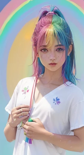 （Camiseta Moda Rosa：1.9），(cabelo colorido: 1.8), (all colors of the rainbow: 1.8),(((((vertical pintaring：1.6))), （pintaring：1.6），frente, comics, illustrations, pintarings, olhos grandes, olhos cristalinos,（ rainbow color gradient high ponytail：1.7）, maquiagem requintada, boca fechada,(Pequeno fresco: 1.5),(Clean the chest: 1.6) ，long eyelashes, camiseta branca ombro a ombro,  camisa de ombro branca，looking at the audience, grandes olhos lacrimejantes, (rainbow colored hair：1.6), respingo de cor, （Sozinho：1.8）, respingo de cor, color explosion, thick pintar style, messy lines, ((brilhando))，(colorida), (colorida), (colorida), colorida, Thick pintar Style, (Respingo) (Color Respingo), Vertical pintaring, tronco, pintar Respingo, acrylic pigment, gradiente, pintar, A mais alta qualidade de imagem, Mais alta qualidade, obra de arte, Sozinho, profundidade de campo, Face pintar,  colorida clothes, (elegante: 1.2), Maravilhoso,cabelo longo, Vento, (elegante: 1.3), (petals: 1.4)，(((obra de arte))),(((Melhor qualidade))),((ultra-detalhado)),(illustration),(dynamic angle),((Flutuando)),(pintar),((cabelo desgrenhado)),(Sozinho),(1 garota) , (((rosto de anima detalhado))),((lindo rosto detalhado)),colarinho,Ombros nus,cabelo branco, ((colorida hair)),((cabelo com mechas)),lindos olhos detalhados,(gradiente color eyes),(((colorida eyes))),(((colorida background))),(((high saturation))),(((surrounded by colorida splashes))),