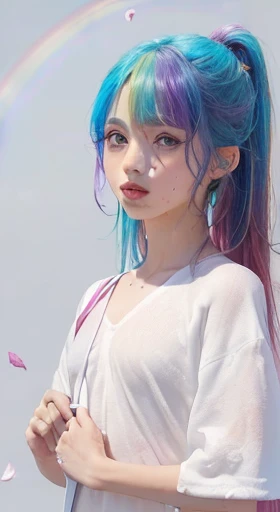 (Camiseta Moda Rosa:1.9),(cabelo colorido: 1.8), (all colors of the rainbow: 1.8),(((((vertical pintaring:1.6))), (pintaring:1.6),frente, comics, illustrations, pintarings, olhos grandes, olhos cristalinos,( rainbow color gradient high ponytail:1.7), maquiagem requintada, boca fechada,(Pequeno fresco: 1.5),(Clean the chest: 1.6) ,long eyelashes, camiseta branca ombro a ombro, camisa de ombro branca,looking at the audience, grandes olhos lacrimejantes, (rainbow colored hair:1.6), respingo de cor, (Sozinho:1.8), respingo de cor, color explosion, thick pintar style, messy lines, ((brilhando)),(colorida), (colorida), (colorida), colorida, Thick pintar Style, (Respingo) (Color Respingo), Vertical pintaring, tronco, pintar Respingo, acrylic pigment, gradiente, pintar, A mais alta qualidade de imagem, Mais alta qualidade, obra de arte, Sozinho, profundidade de campo, Face pintar, colorida clothes, (elegante: 1.2), Maravilhoso,cabelo longo, Vento, (elegante: 1.3), (petals: 1.4),(((obra de arte))),(((Melhor qualidade))),((ultra-detalhado)),(illustration),(dynamic angle),((Flutuando)),(pintar),((cabelo desgrenhado)),(Sozinho),(1 garota) , (((rosto de anima detalhado))),((lindo rosto detalhado)),colarinho,Ombros nus,cabelo branco, ((colorida hair)),((cabelo com mechas)),lindos olhos detalhados,(gradiente color eyes),(((colorida eyes))),(((colorida background))),(((high saturation))),(((surrounded by colorida splashes))),