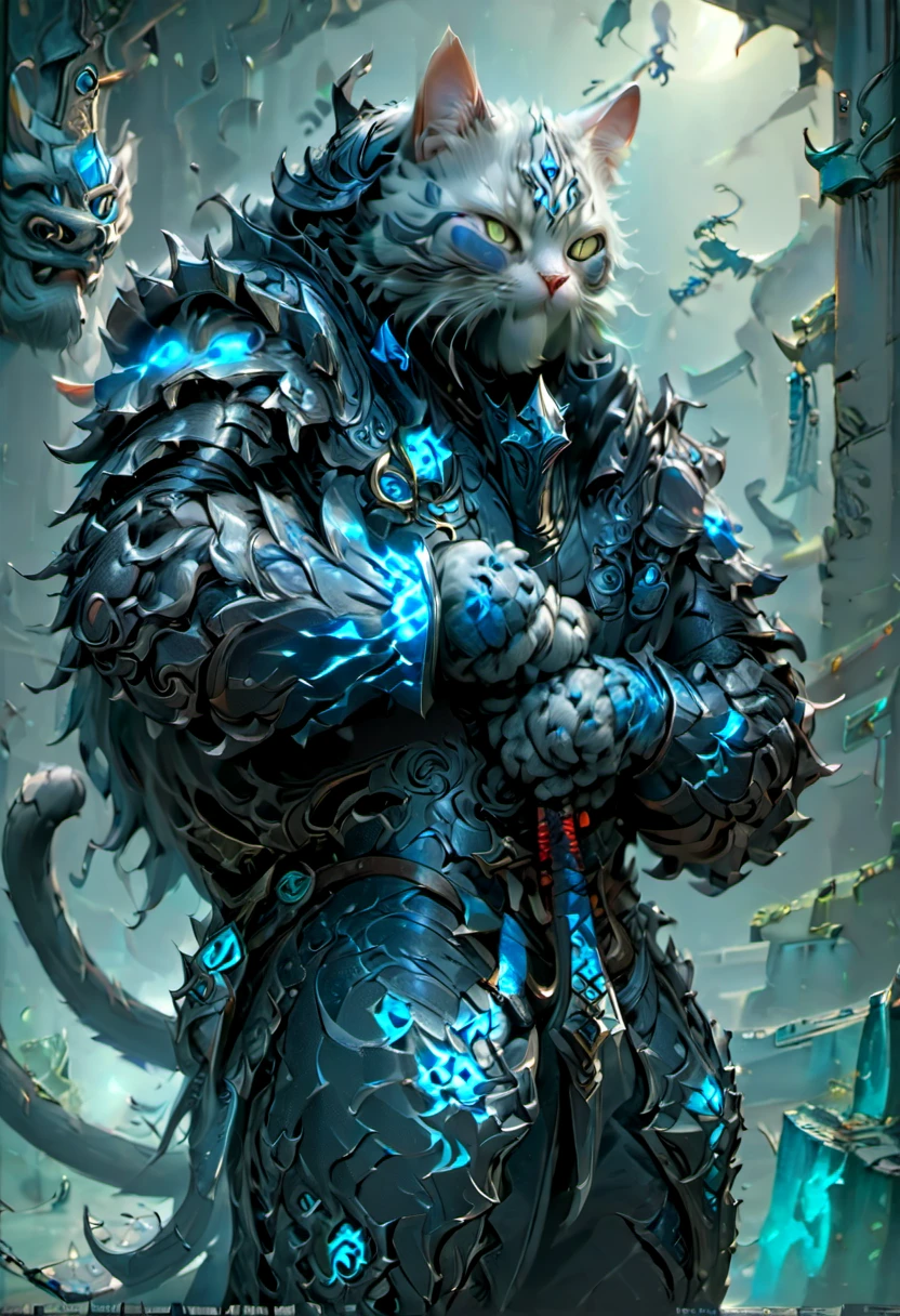 cat deathknight, (anthropomorphic cat), dynamic pose, Movie Still, ninja, hkstyle, (masterpiece, best quality, perfect composition, very aesthetic, absurdres, ultra-detailed, intricate details, Professional, official art, Representative work:1.3)